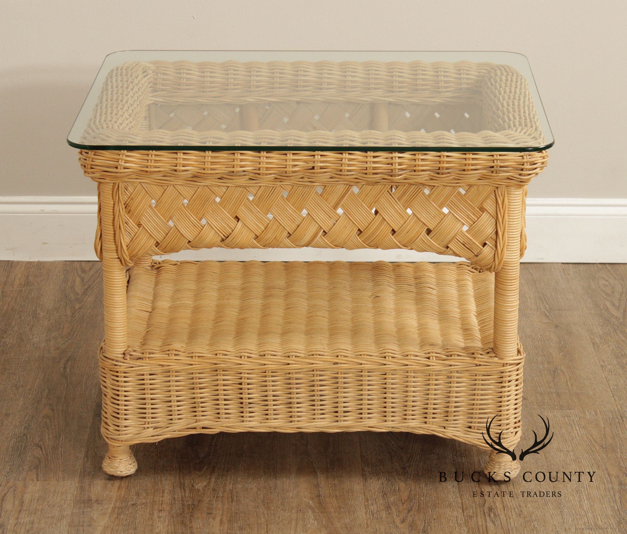 Vintage Pair of Glass Top Wicker End Tables