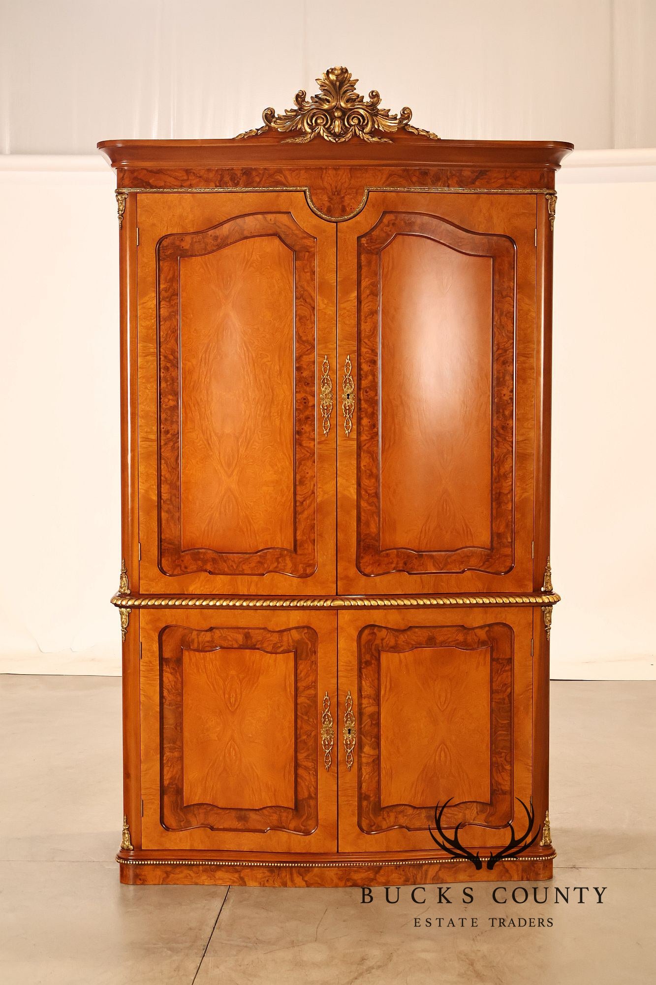 French Louis XV Style Burl Walnut Linen Closet Armoire