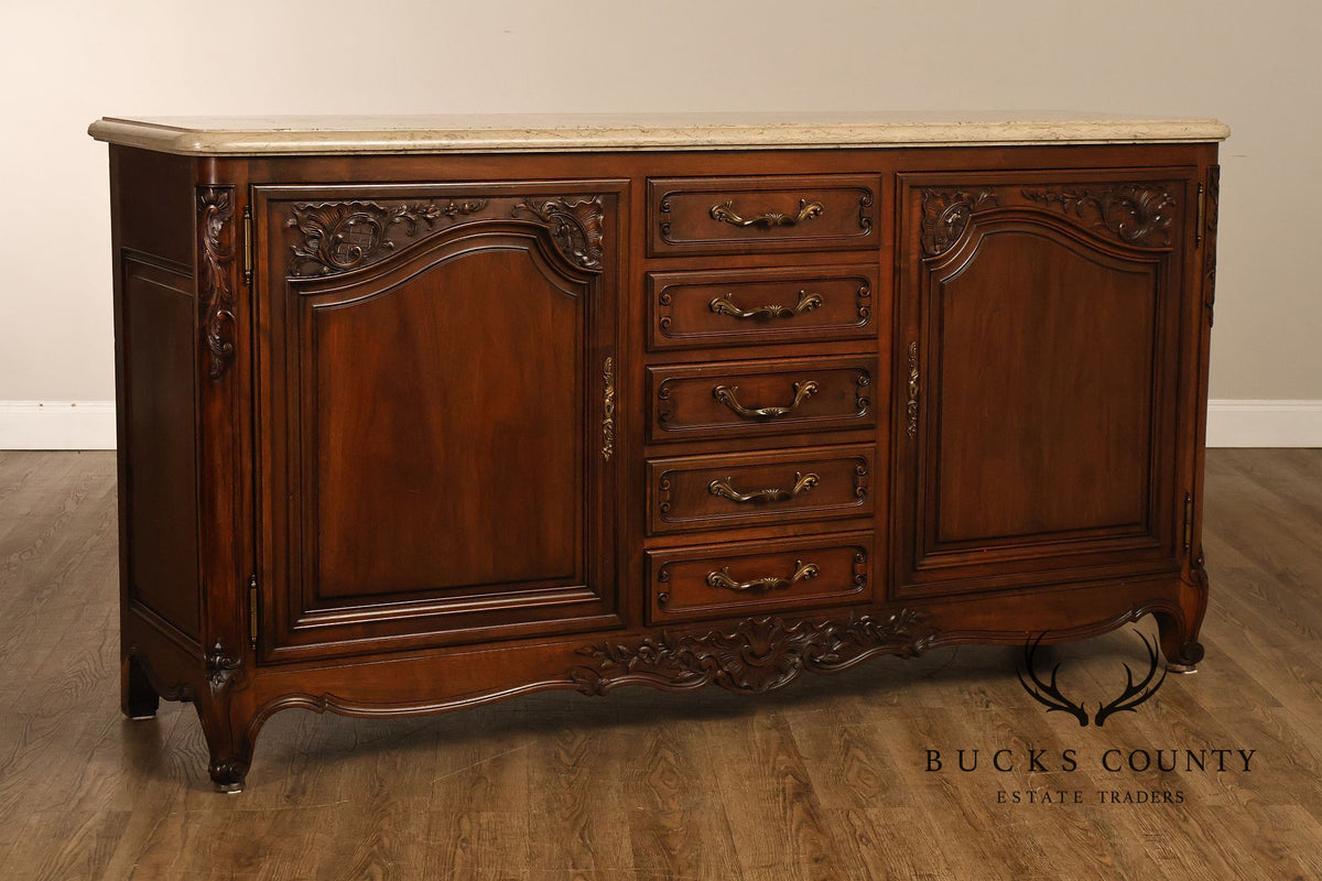 French Louis XV Style Carved Walnut Marble Top Sideboard