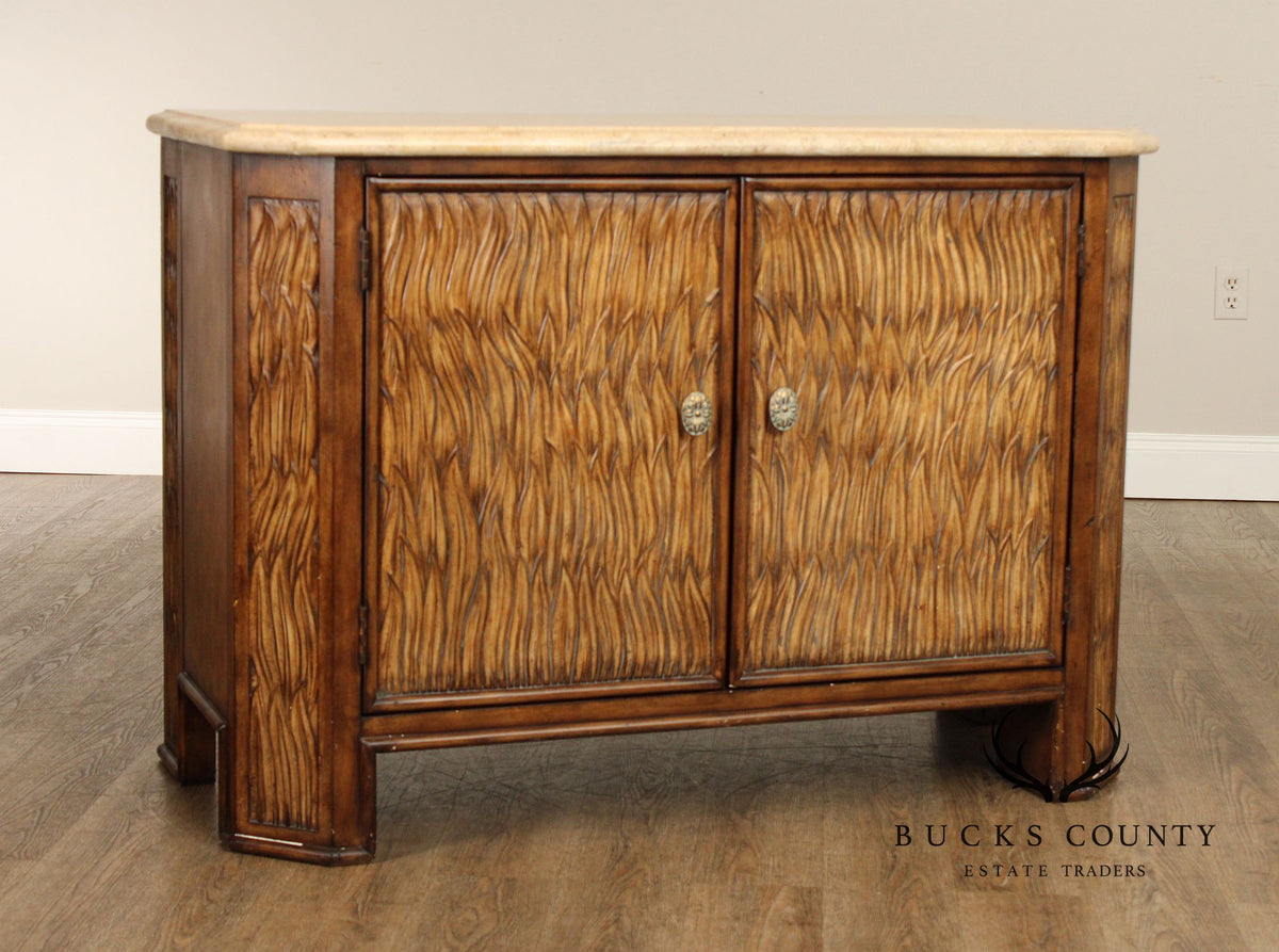 Hollywood Regency Travertine Top Console Cabinet