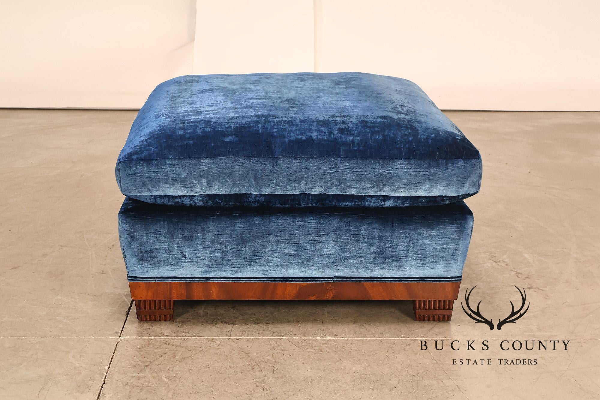 Art Deco Style Large Custom Blue Velvet and Mahogany Ottoman