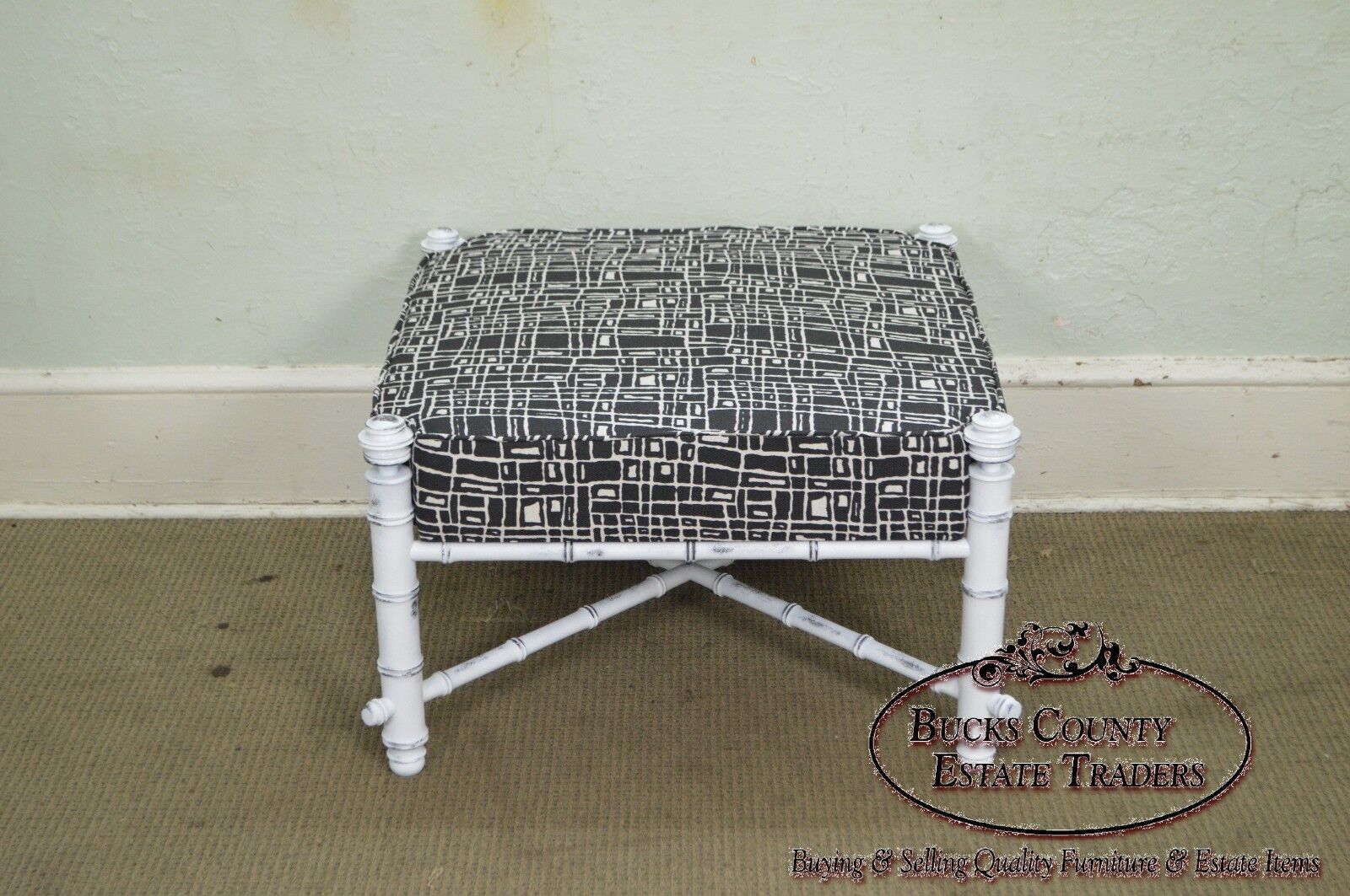 Custom Painted Faux Bamboo Large Square Upholstered Ottoman