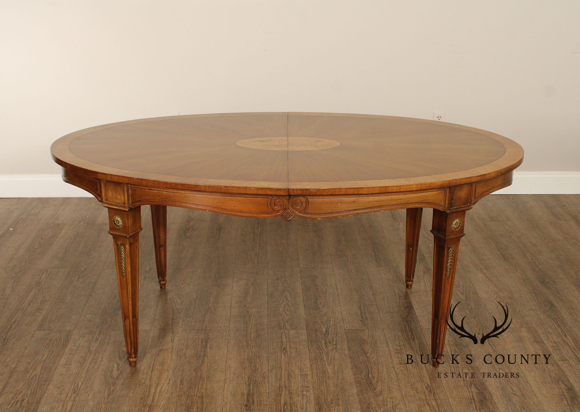 FRENCH LOUIS XVI STYLE VINTAGE SUNBURST OVAL BANDED DINING TABLE