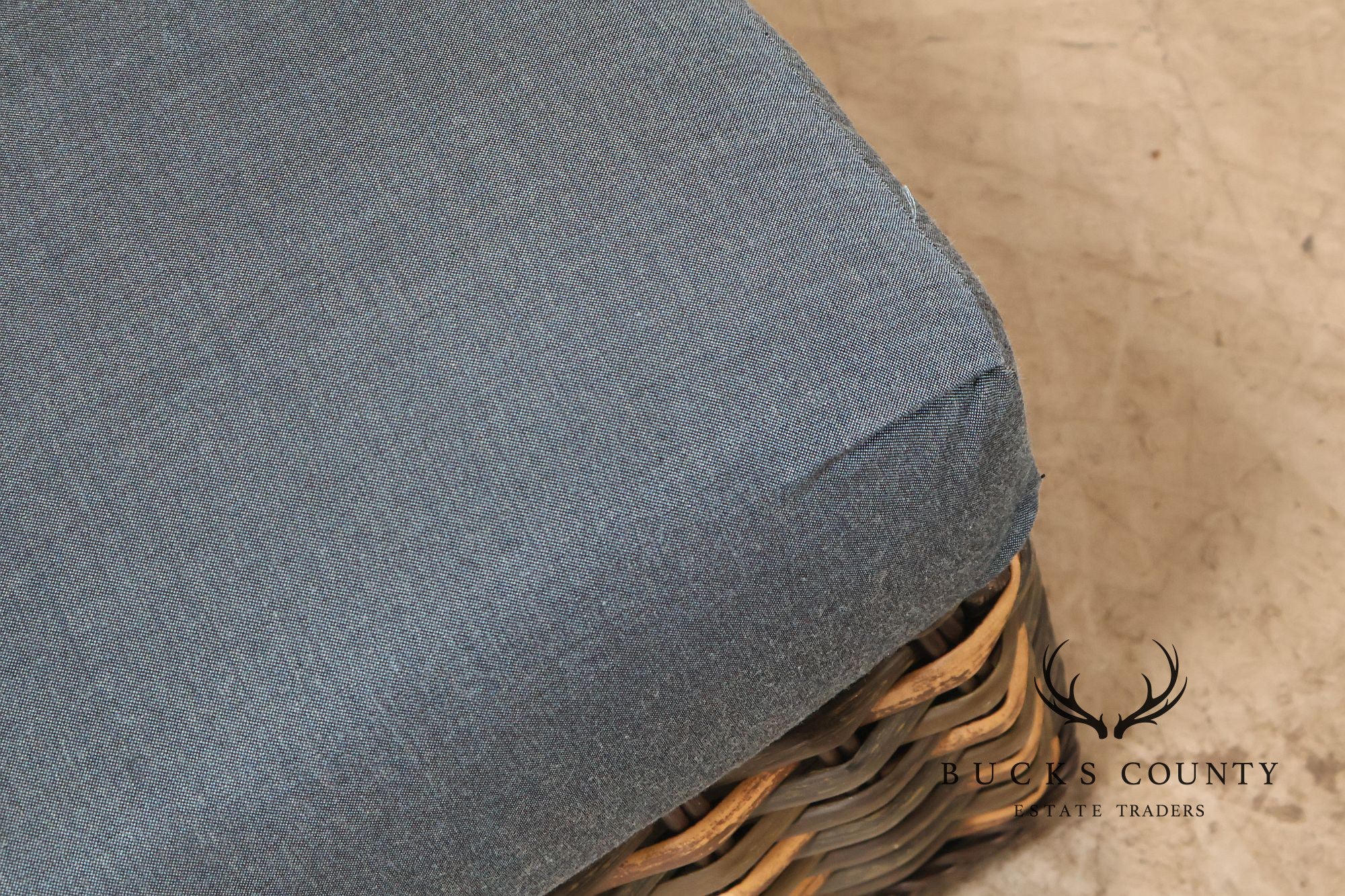 Lane Venture Weather Master Pair Of Woven Wicker Outdoor Ottomans With Blue Cushions