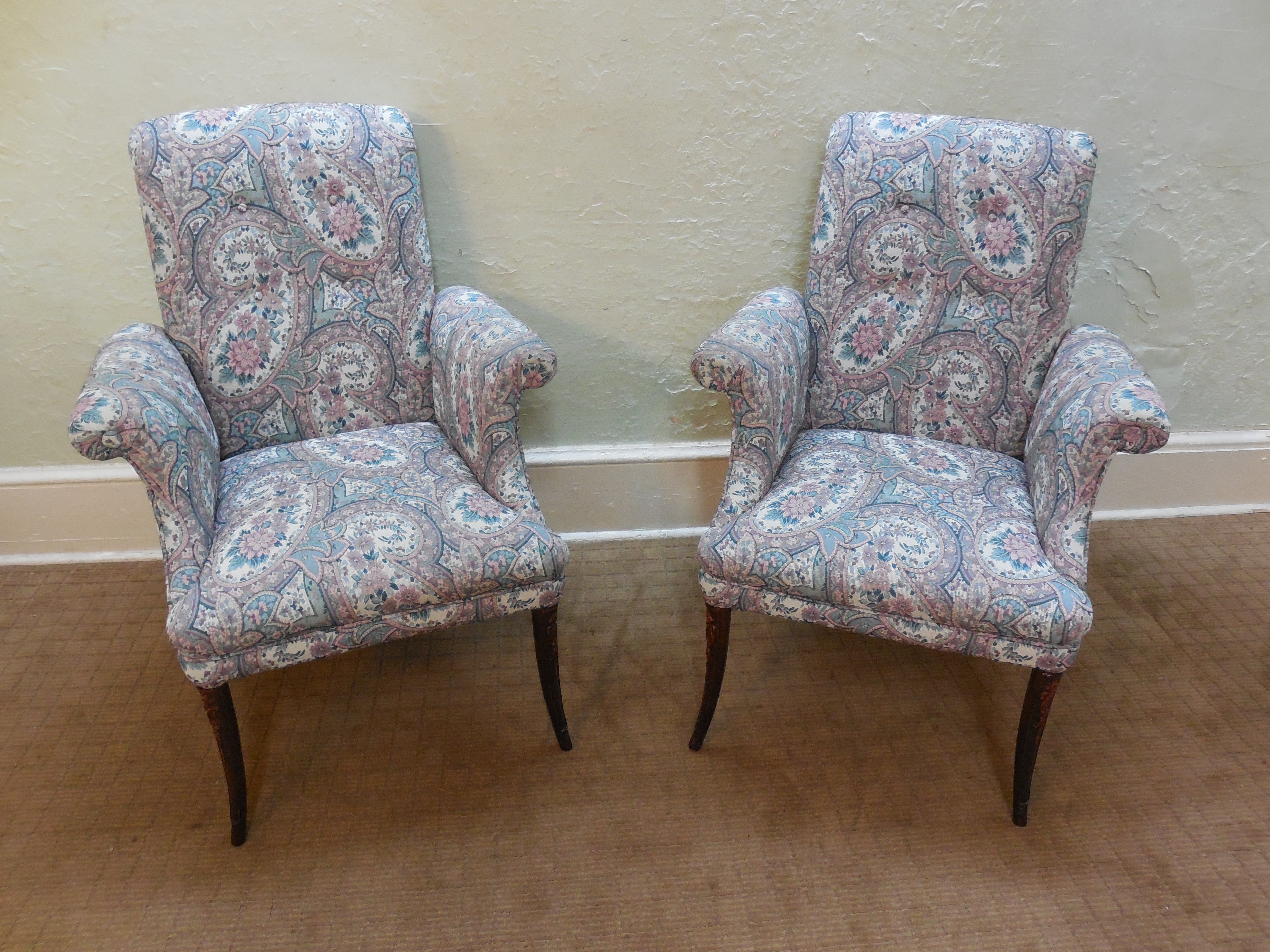 Antique 1920's Mahogany French Louis XV Style Pair Host Fire Side Arm Chairs