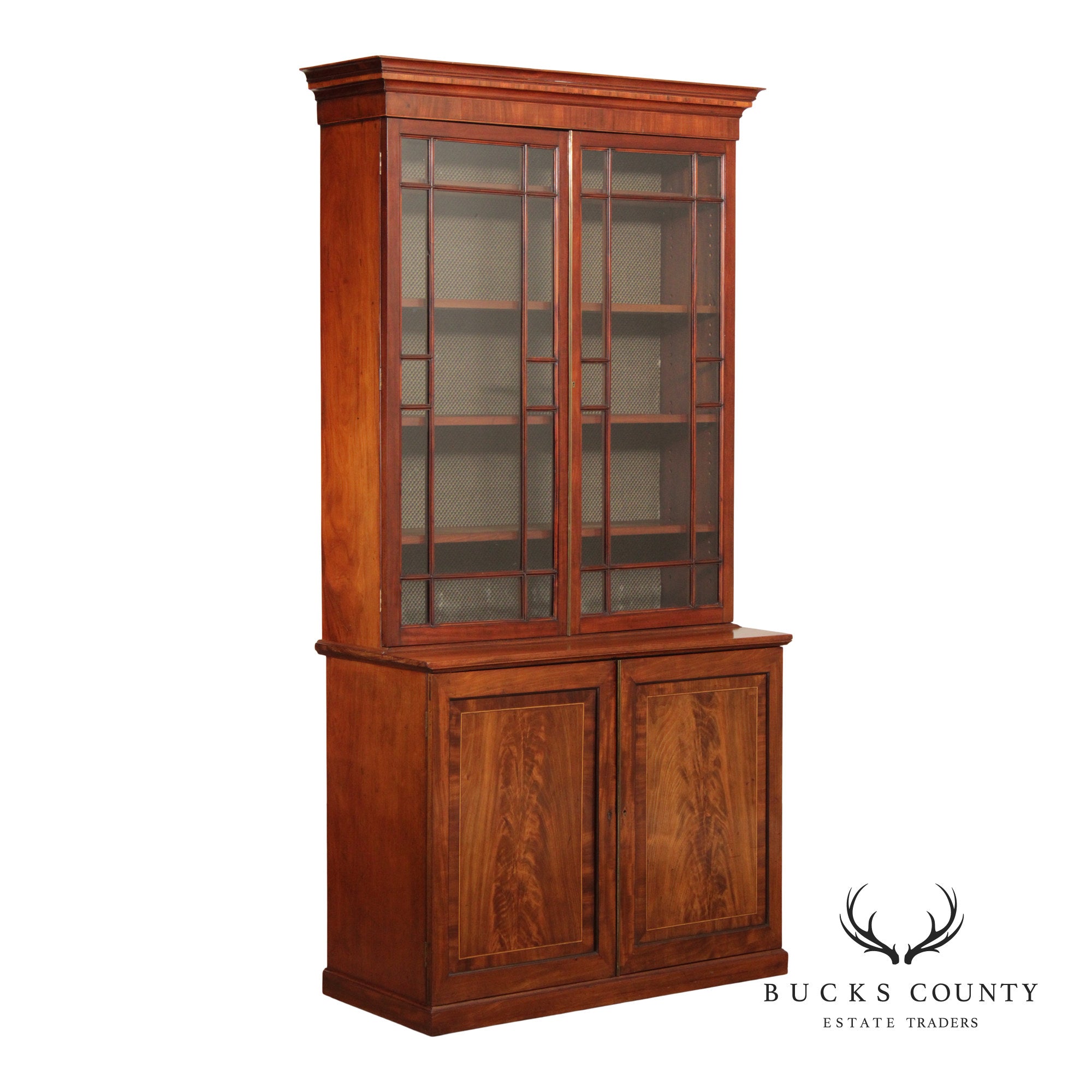 Antique English Mahogany Georgian Style Inlaid Bookcase Cabinet