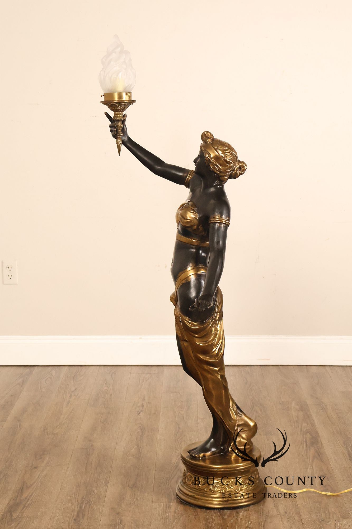 Neoclassical Style Pair Of Bronze Figural Torchere Floor Lamps