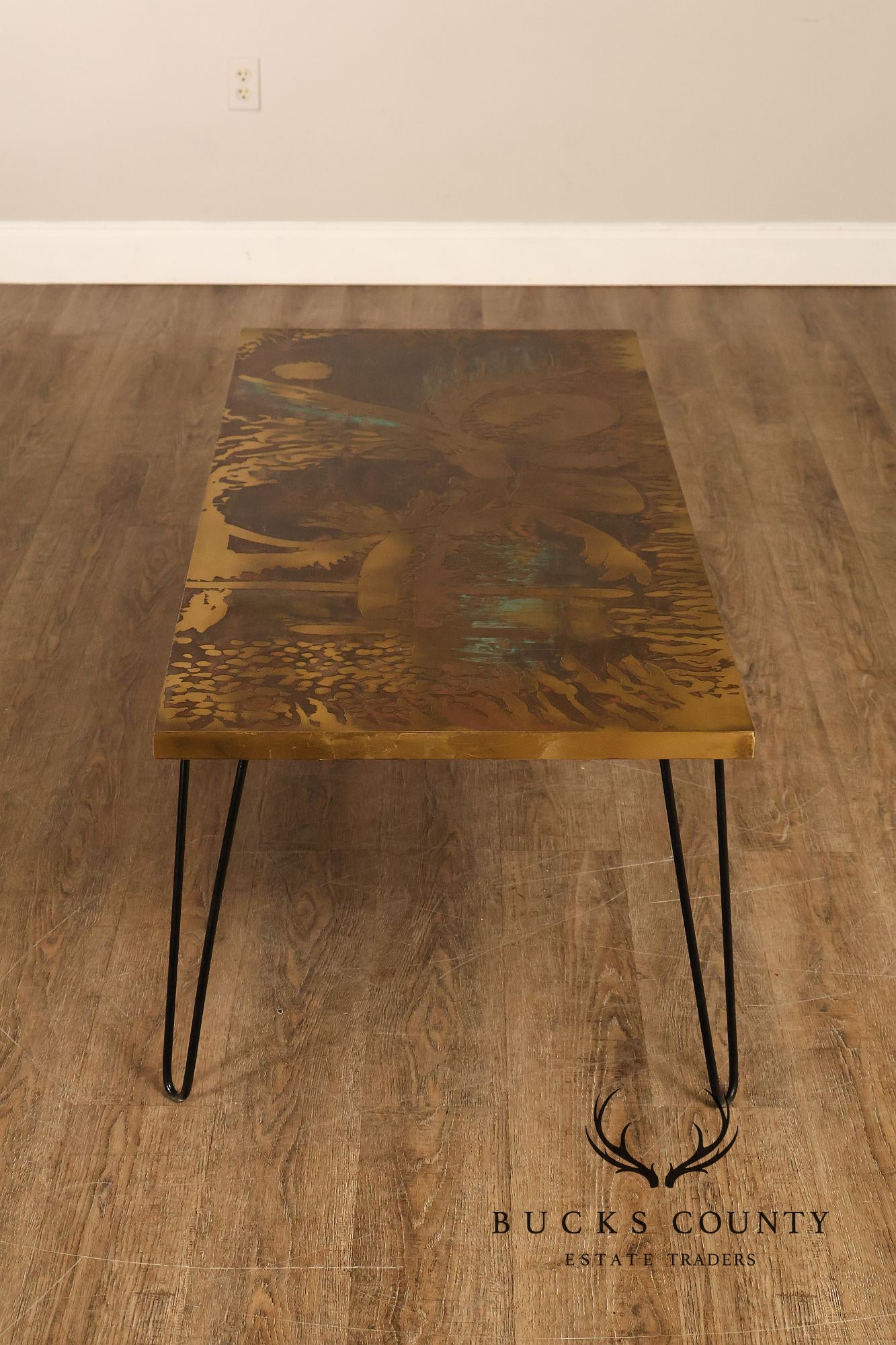 Mid Century Modern Acid Etched Brass Top Coffee Table With Hairpin Legs