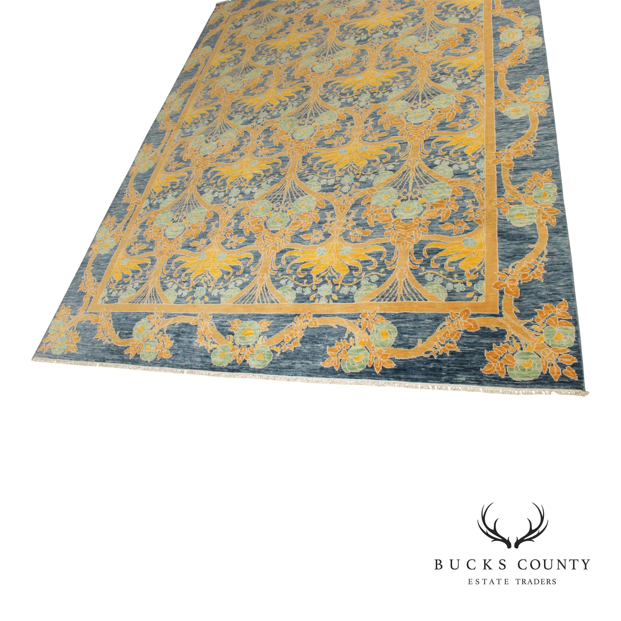 Golden Nile William Morris Style Large Blue And Gold Wool Area Rug