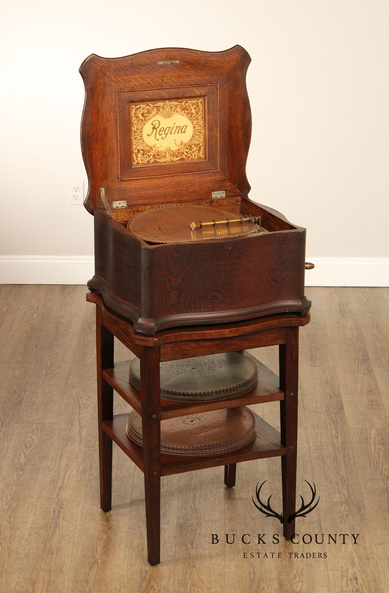 Regina Oak Music Box on Stand, with Discs