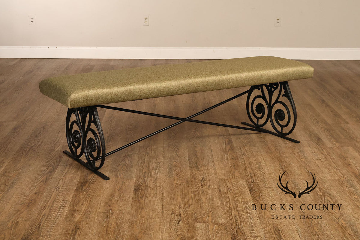 Vintage Wrought Iron Scrollwork Upholstered Bench