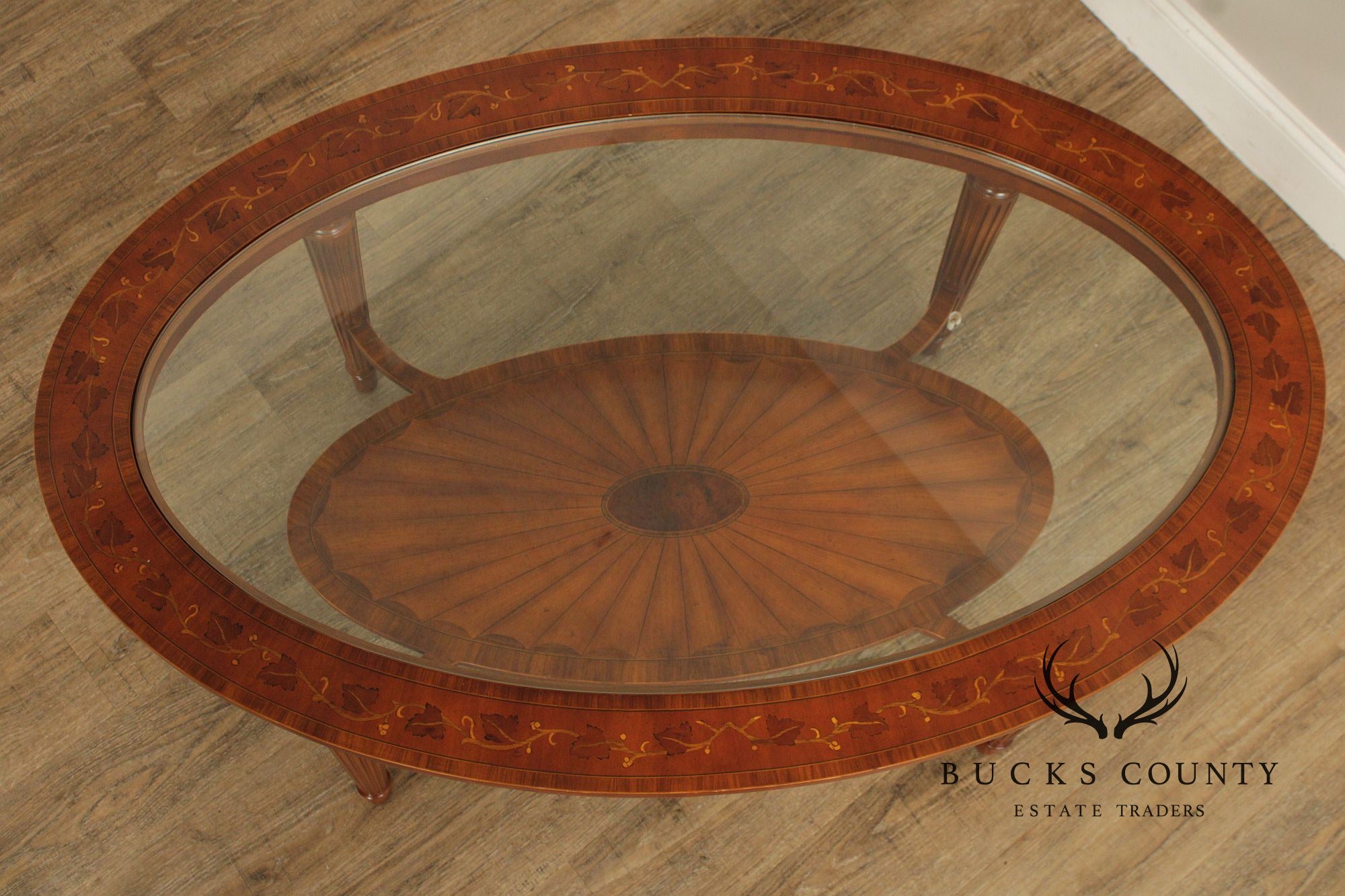 Maitland Smith Glass Top Oval Marquetry Inlaid Coffee Table