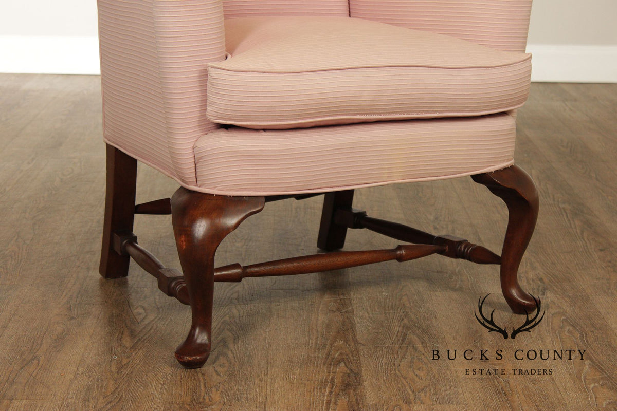 Custom Quality Vintage Pink Upholstered Wingback Chair With Cabriole Legs