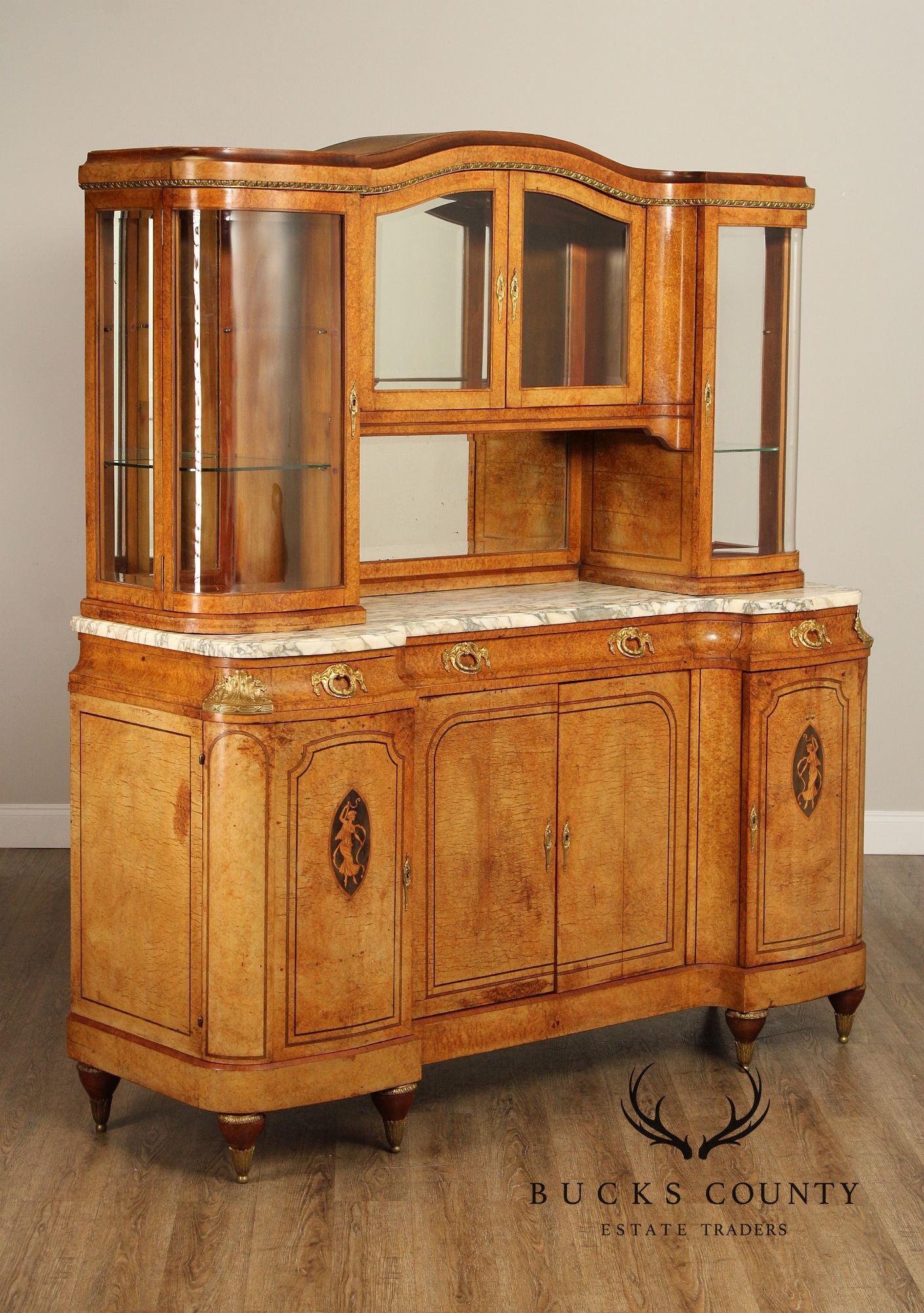 Antique French Louis XVI Style Burl Walnut Marble Top Buffet Hutch