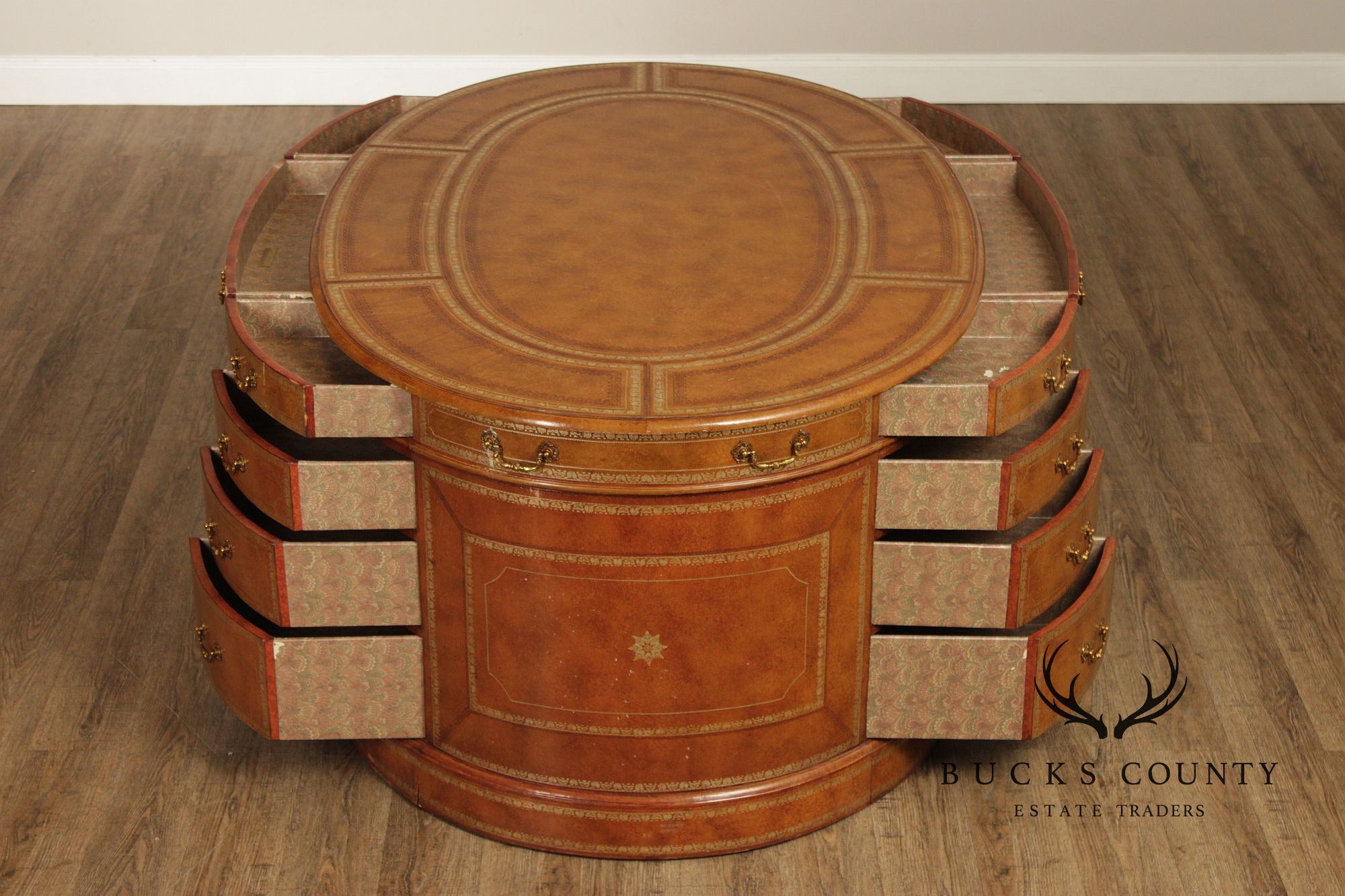 Maitland Smith Leather Wrapped Oval Executive Partners Desk