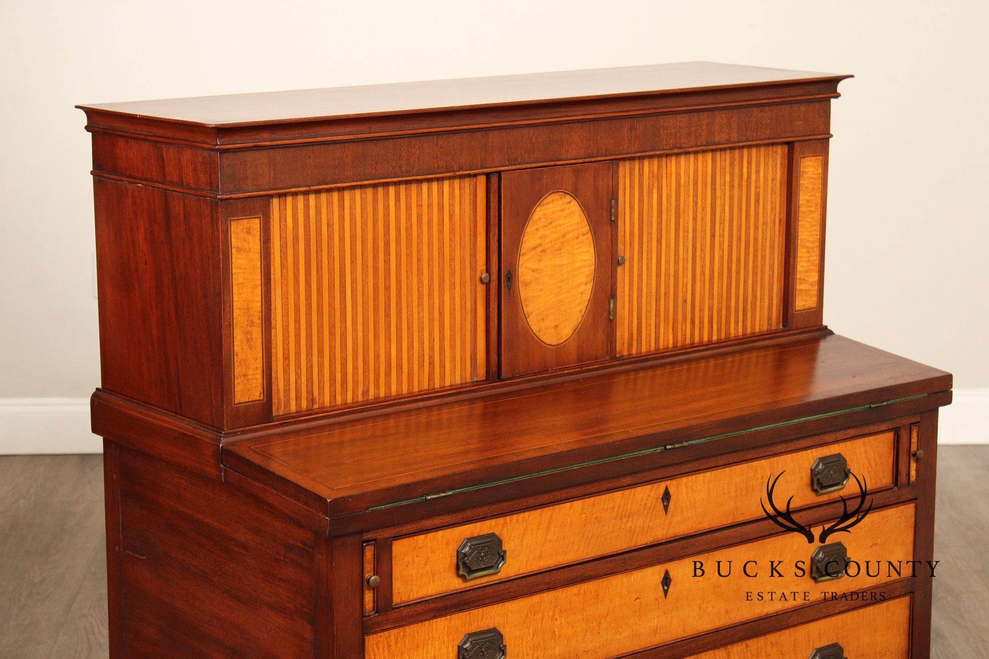 Federal Style Inlaid Mahogany And Tiger Maple Tambour Door Writing Desk