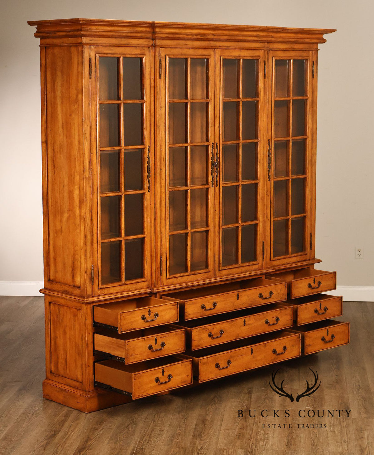 Guy Chaddock Large Rustic Pine Library Bookcase Breakfront With Glazed Doors And Drawers