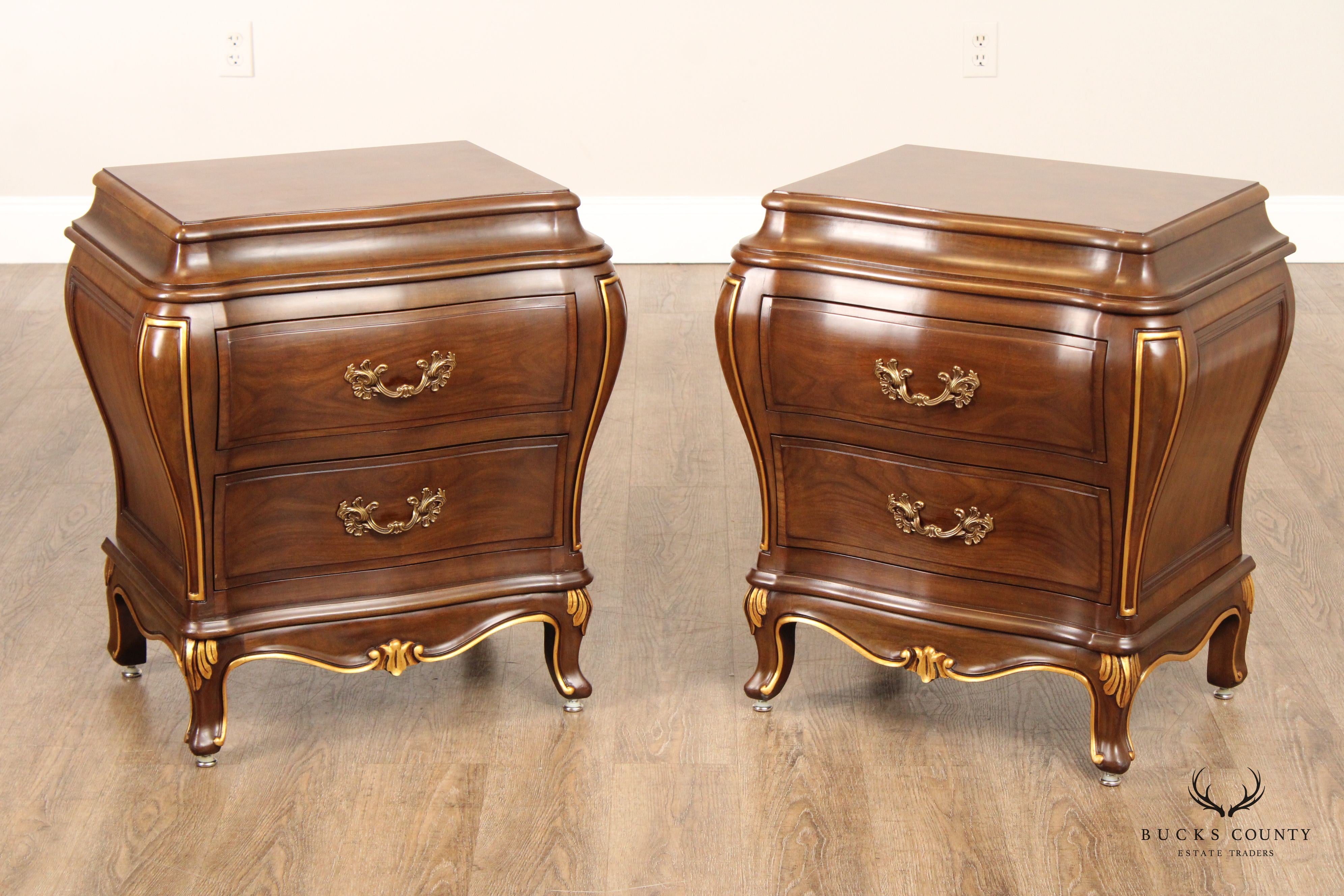 Karges French Louis XV Style Pair of Walnut Bombe Chest Nightstands