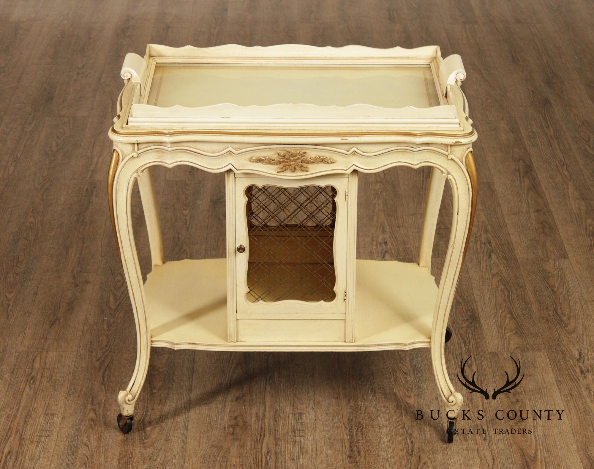 French Provincial Style Vintage Painted Tray Top Bar Cart