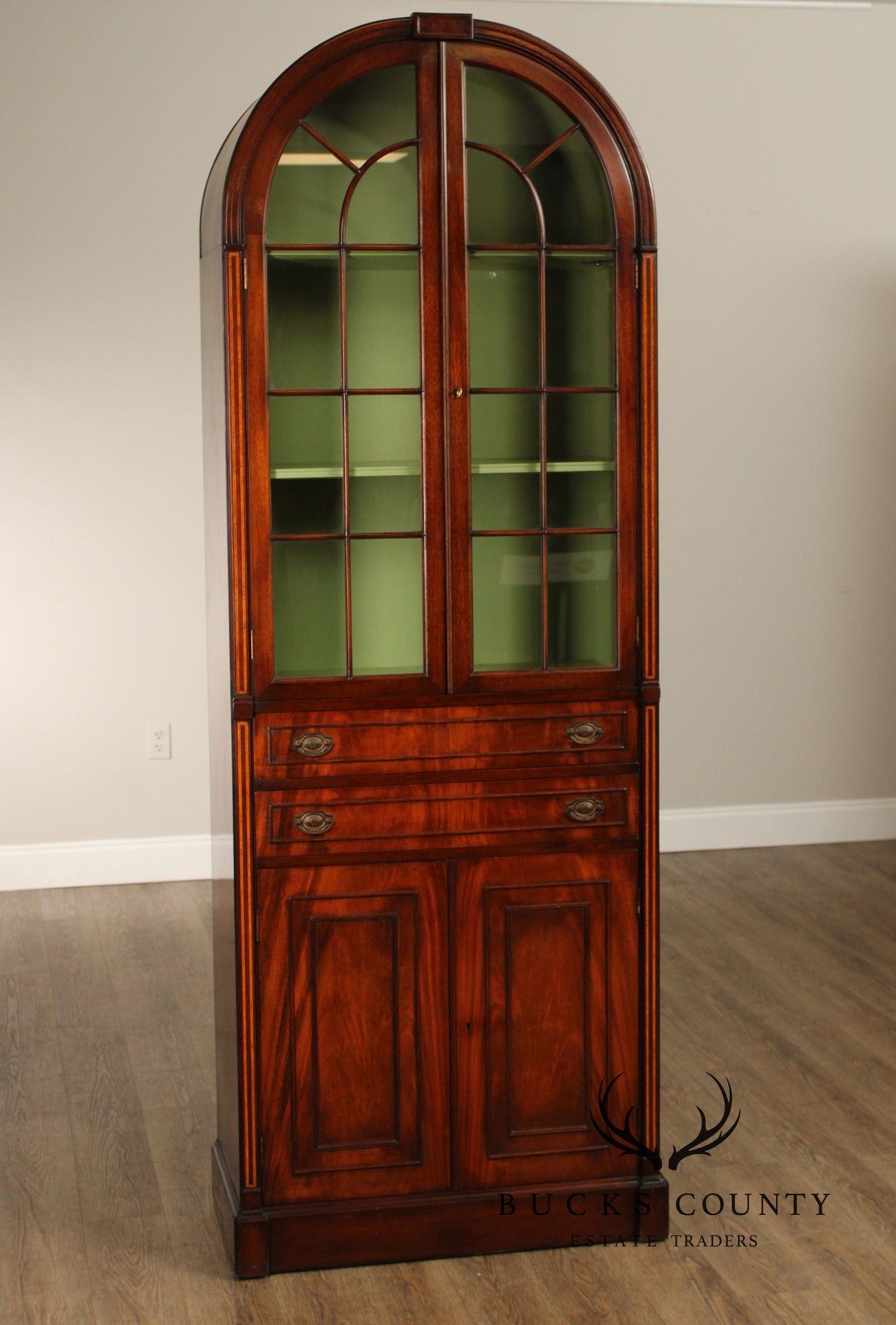 English Regency Style Pair of Mahogany Arched Glass Door Bookcases