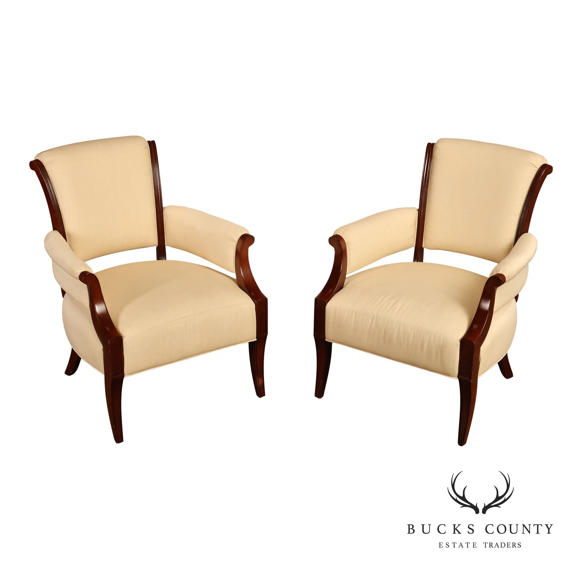 Baker French Art Deco Style Pair of Mahogany Armchairs