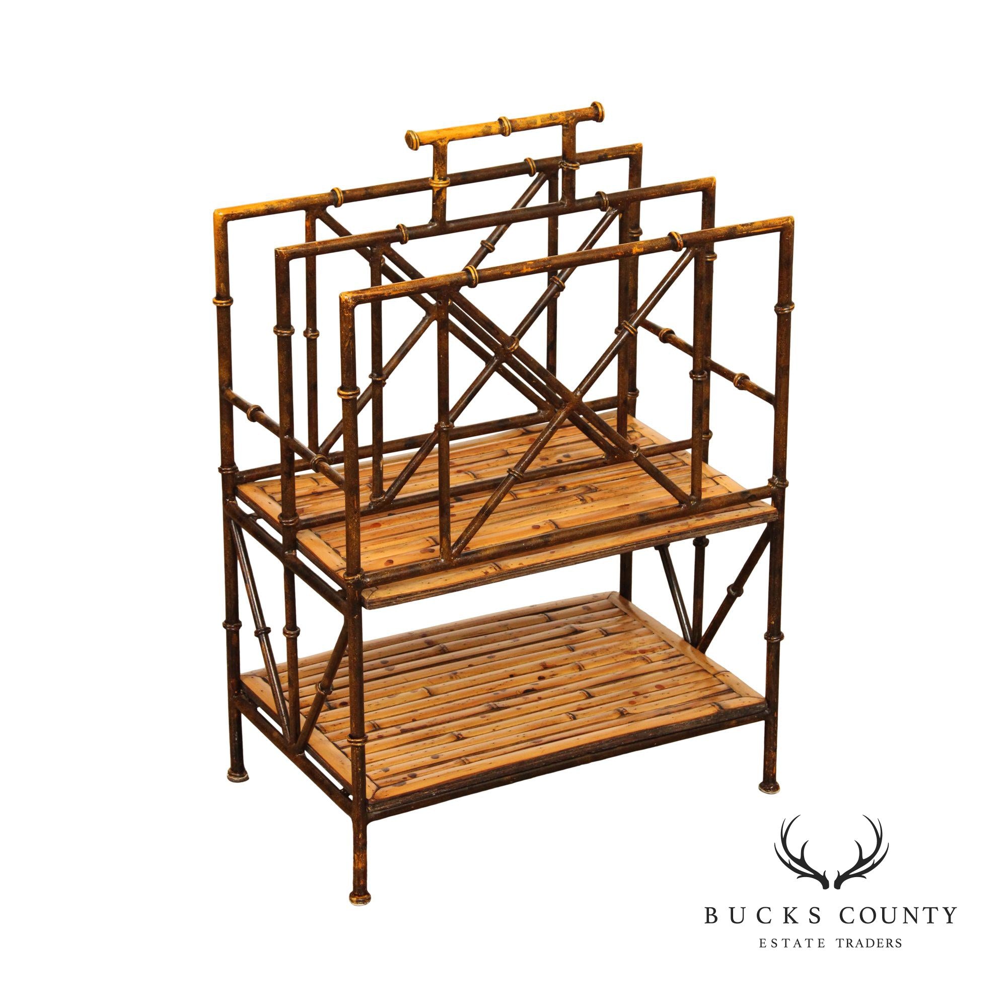 Hollywood Regency Iron and Bamboo Magazine Rack Bookshelf