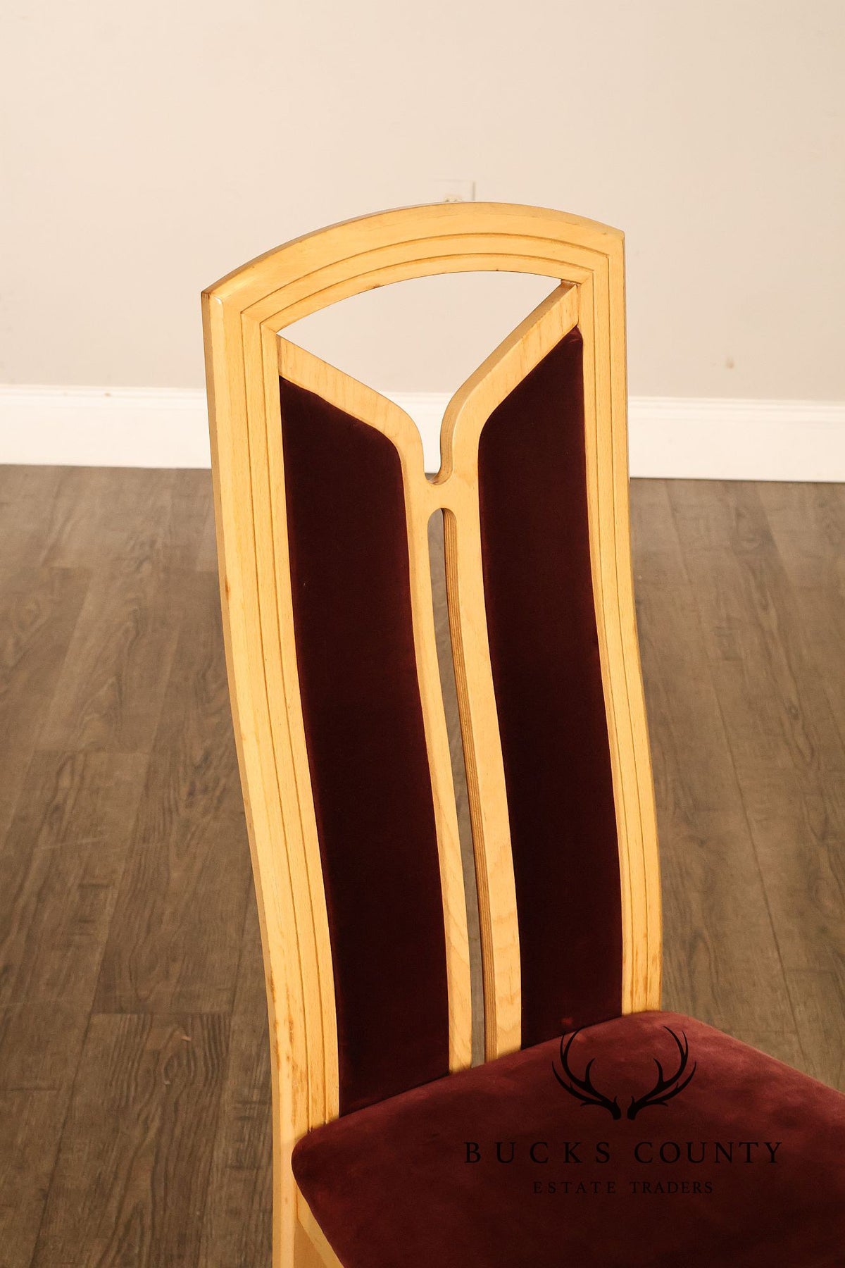 Tonon Set Of Eight Italian Light Wood Modern Dining Chairs With Burgundy Upholstery