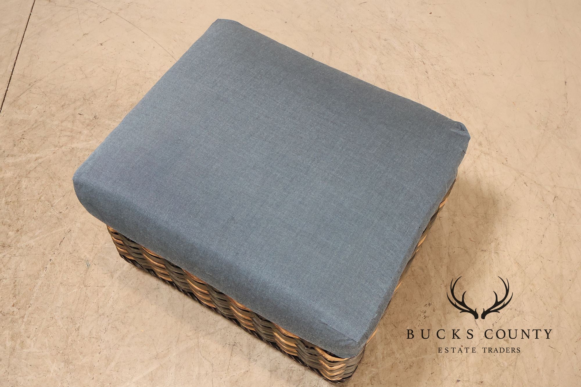 Lane Venture Weather Master Pair Of Woven Wicker Outdoor Ottomans With Blue Cushions