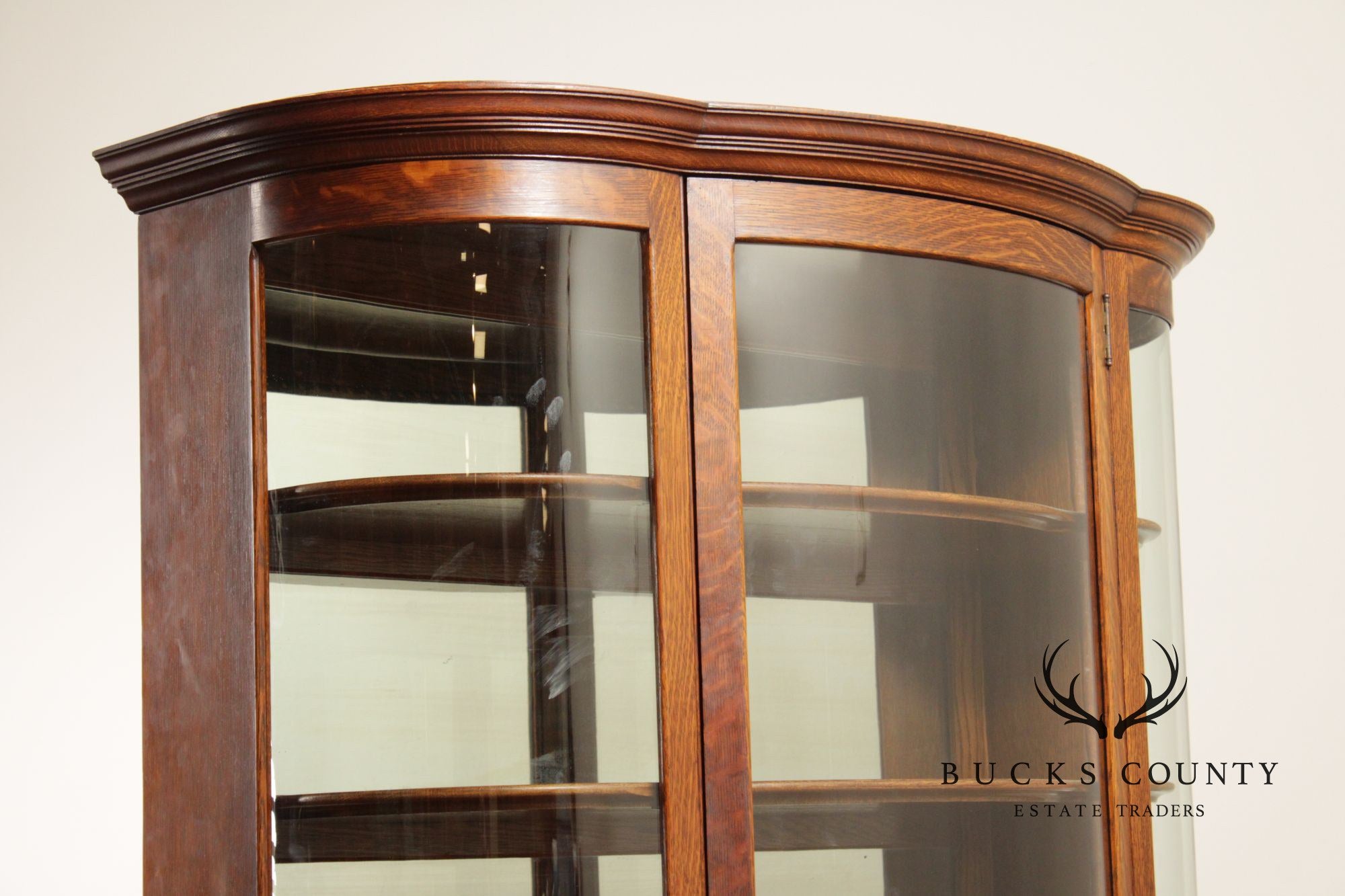 Antique Victorian Oak Curio Bow Glass China Cabinet