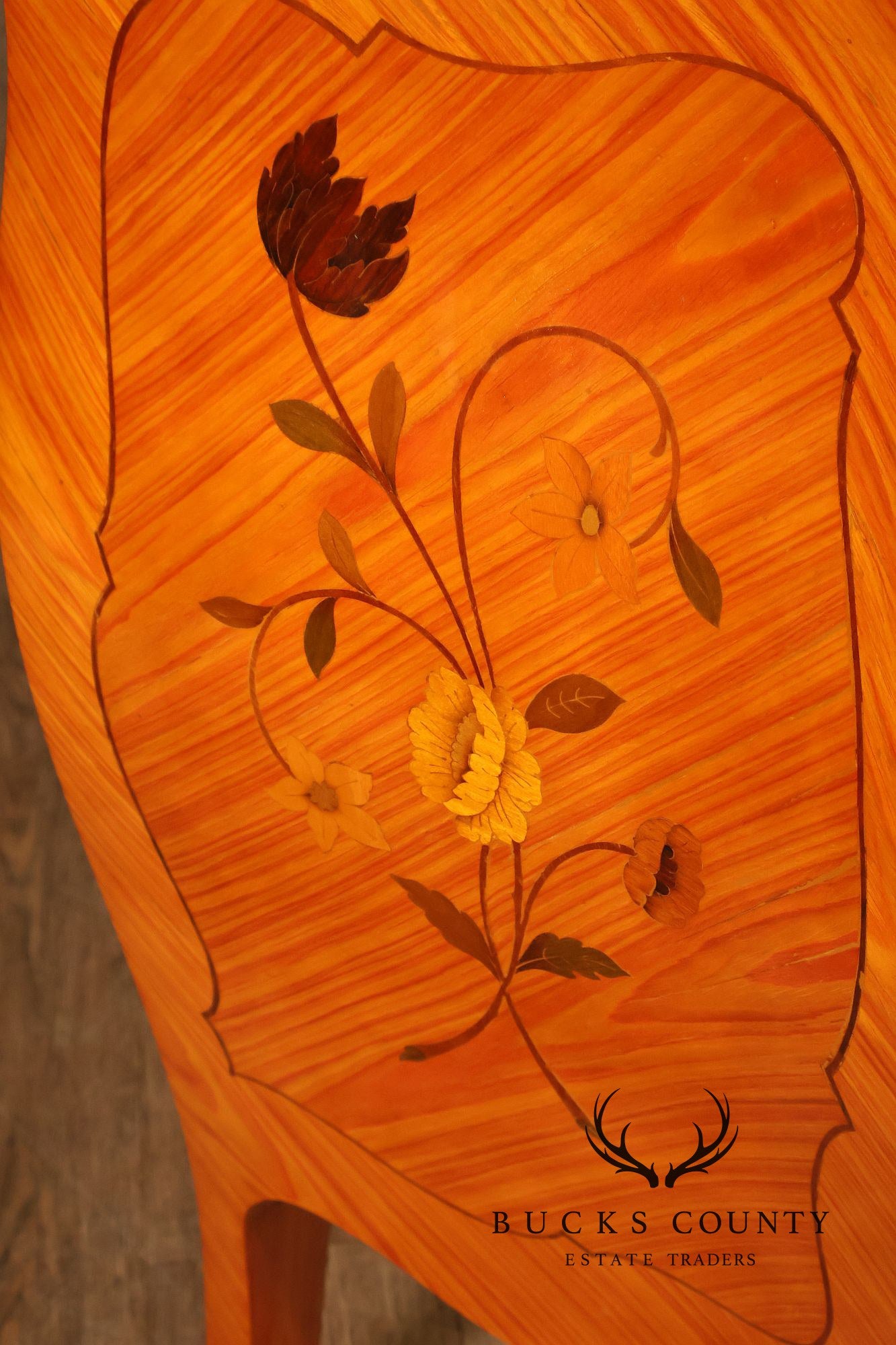 Italian Louis XV Style Marquetry Inlaid Marble Top Bombe Chest Commode