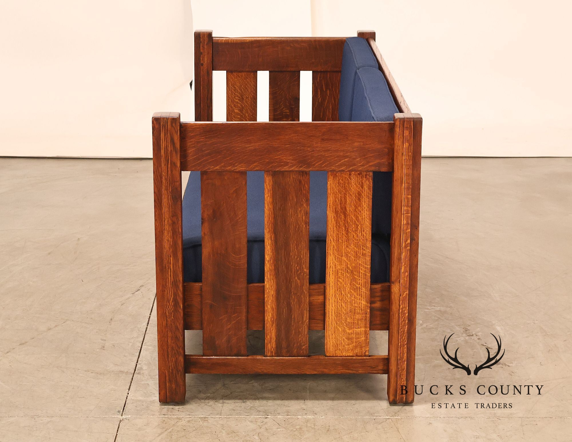 Phoenix Mission Style Quarter Sawn Oak Plank Sofa With Blue Cushions