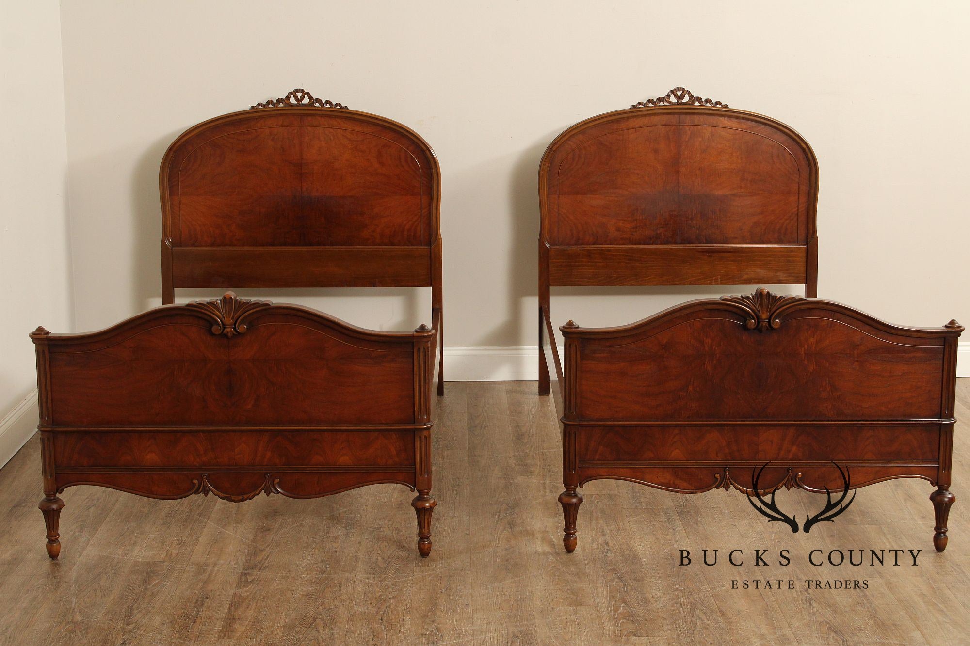 1930's French Louis XVI Style Pair of Carved Walnut Twin Beds