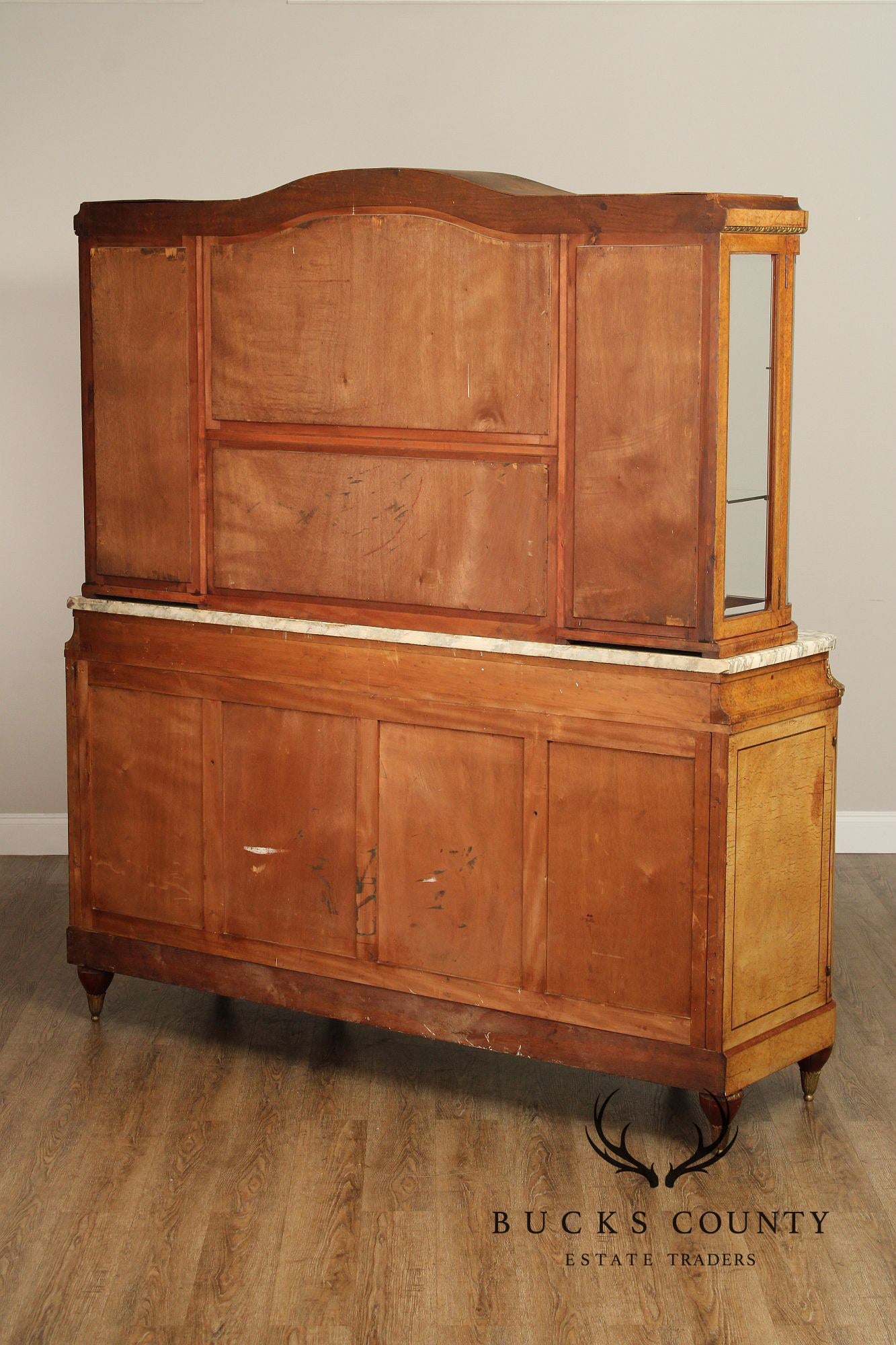Antique French Louis XVI Style Burl Walnut Marble Top Buffet Hutch