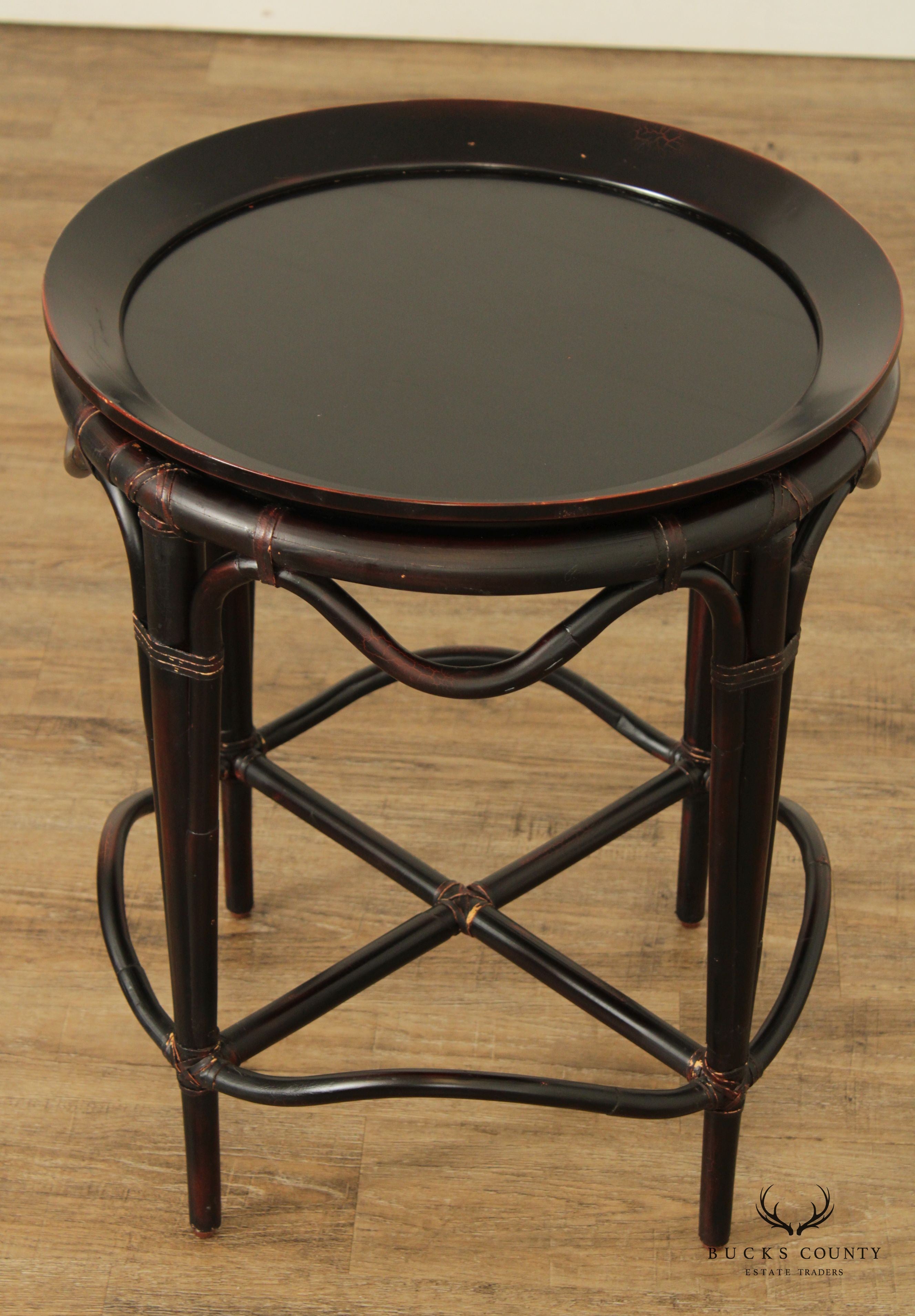 Vintage Chinese Black Lacquered Bamboo Round Tray Table