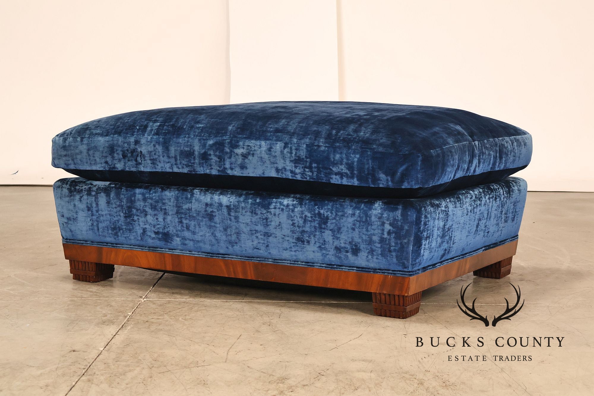 Art Deco Style Large Custom Blue Velvet and Mahogany Ottoman