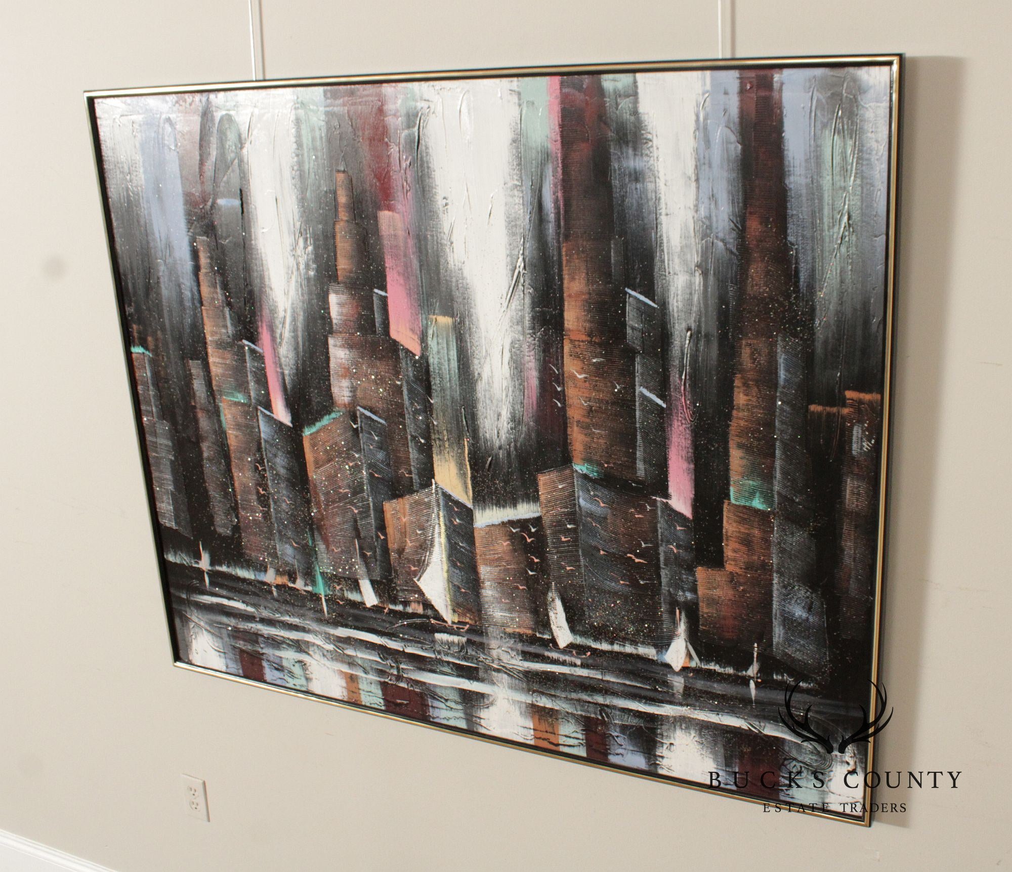 Artist Signed Large Abstract Painting of City Skyline