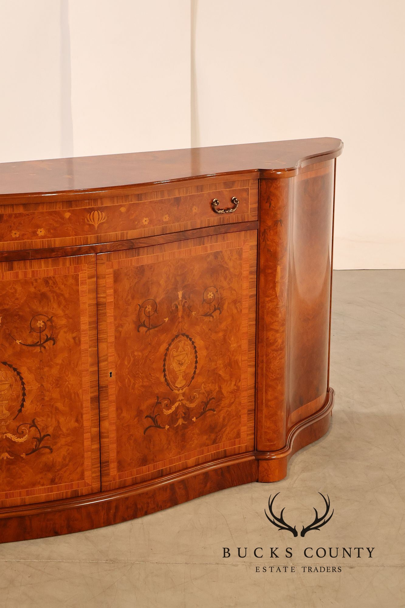 Italian Style Marquetry Inlaid Burl Wood Credenza Sideboard