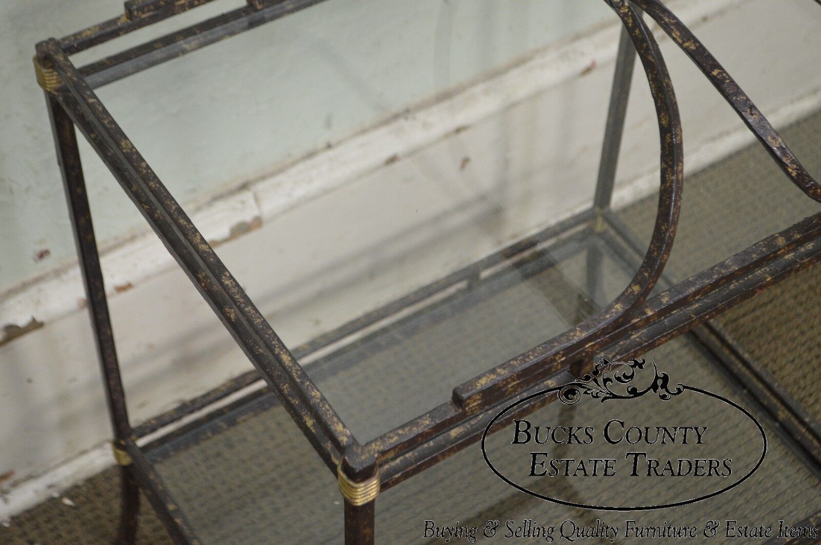 Quality Wrought Iron Glass & Brass 2 Tier Side Table Stand