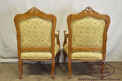 Quality Pair of Custom Upholstered Solid Walnut Louis XV Style Arm Chairs