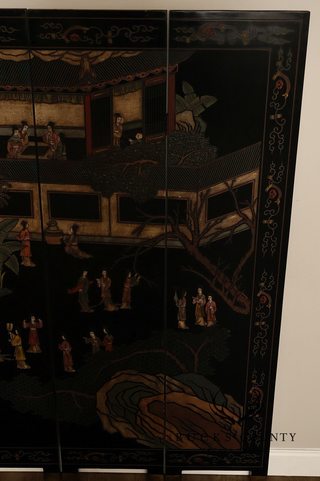 Asian Style Black Vintage Lacquer Six Panel Folding Screen