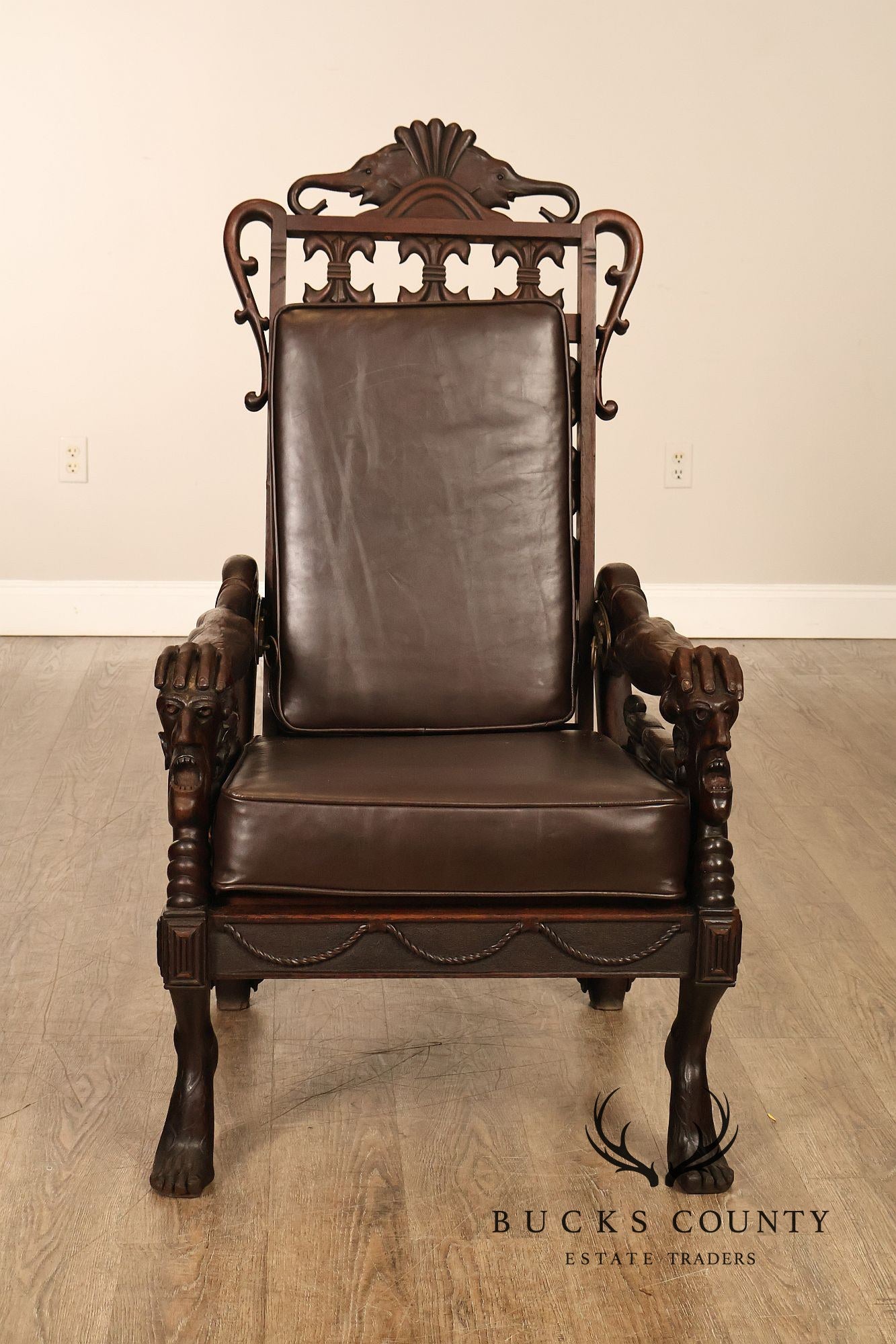 Exceptional 19th Century Anglo-Indian / Burmese Colonial Figural Carved Hardwood Throne Armchair