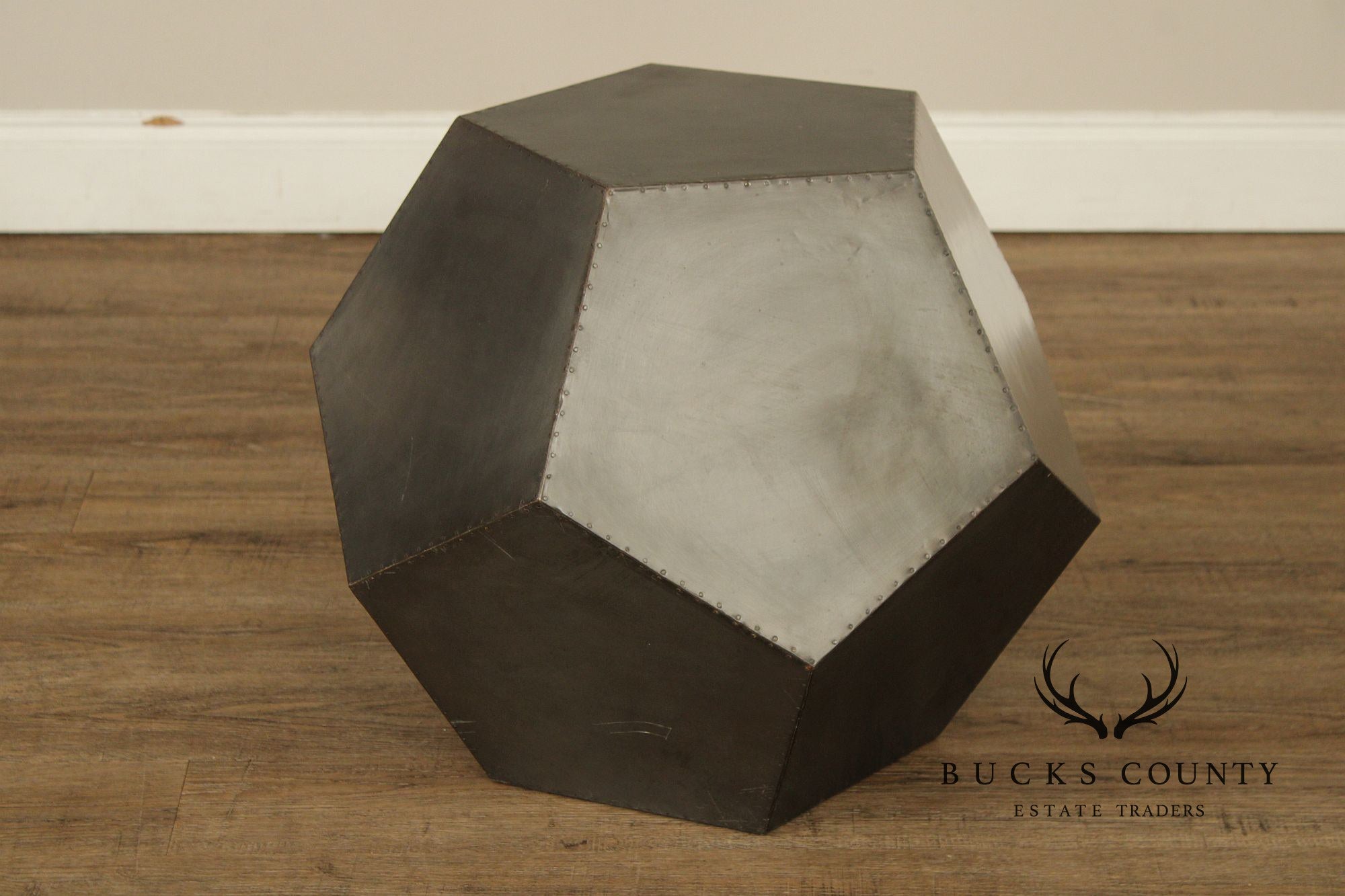 Restoration Hardware Industrial Style Zinc Polyhedron Side Tables Pair