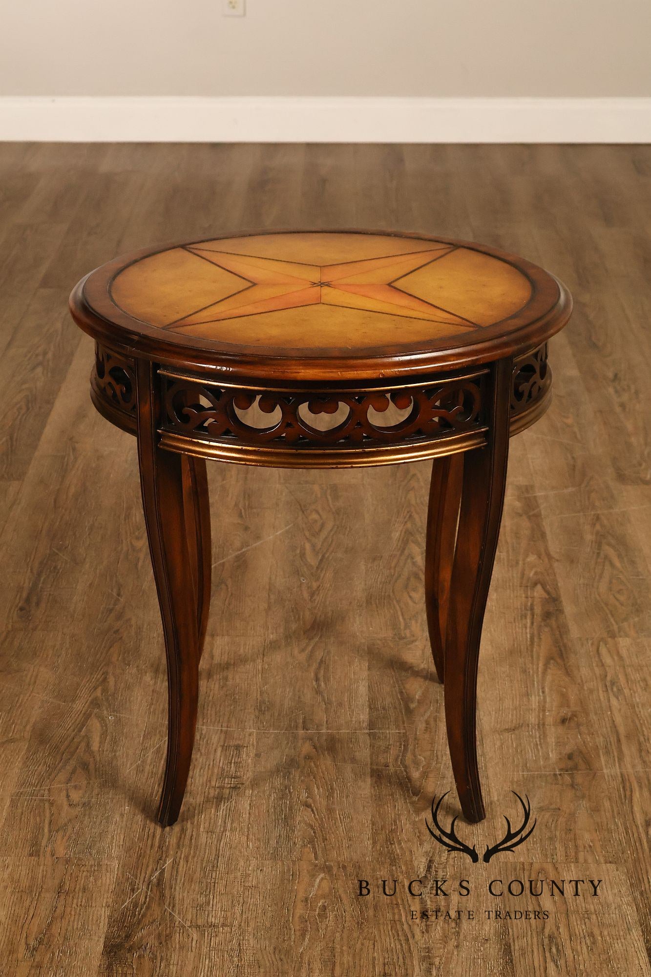 John Richard 'European Crossroads' Pair of Round Leather Top Lamp Tables