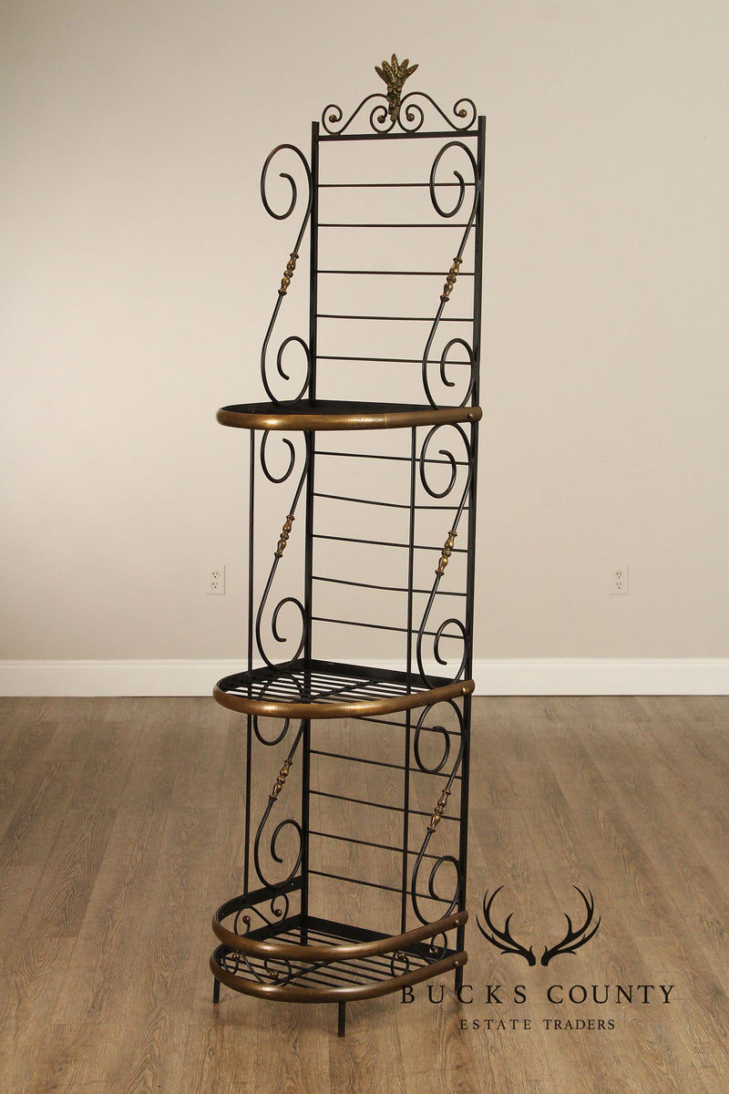 French Country Style Vintage Wrought Iron And Brass Narrow Bakers Rack