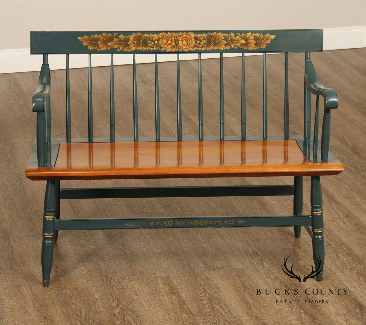 L. Hitchcock Painted Harvest Decorated Windsor Style Settee Bench