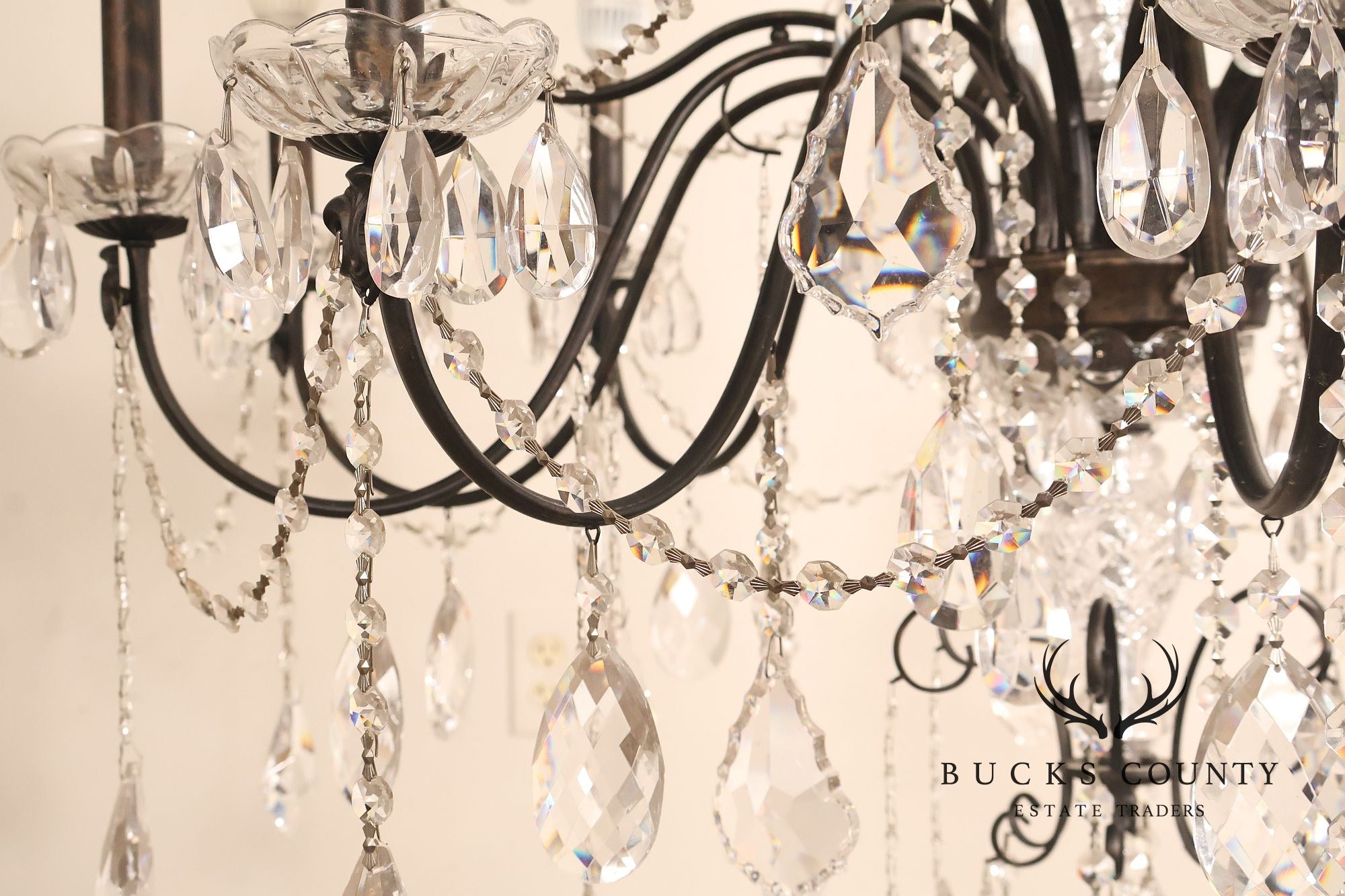 Large Twenty-Light Crystal And Wrought Iron 55" Chandelier