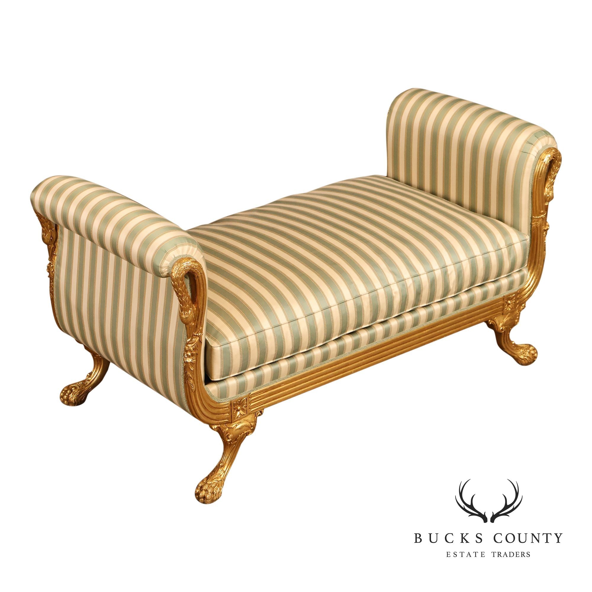 Quality Empire Style Swan Carved Giltwood Upholstered Bench