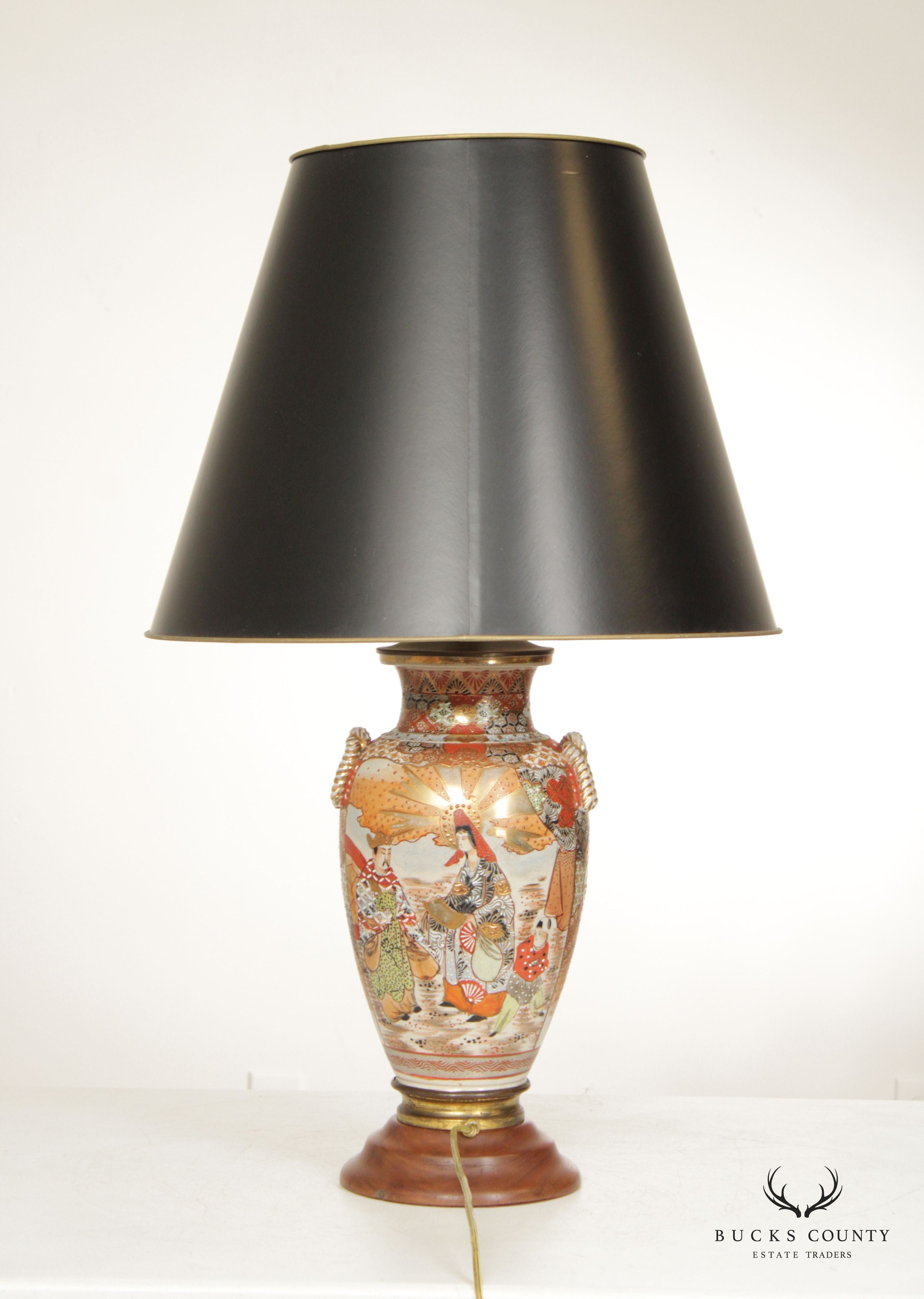 Japanese Satsuma Antique Pair of Enameled Porcelain Vase Table Lamps