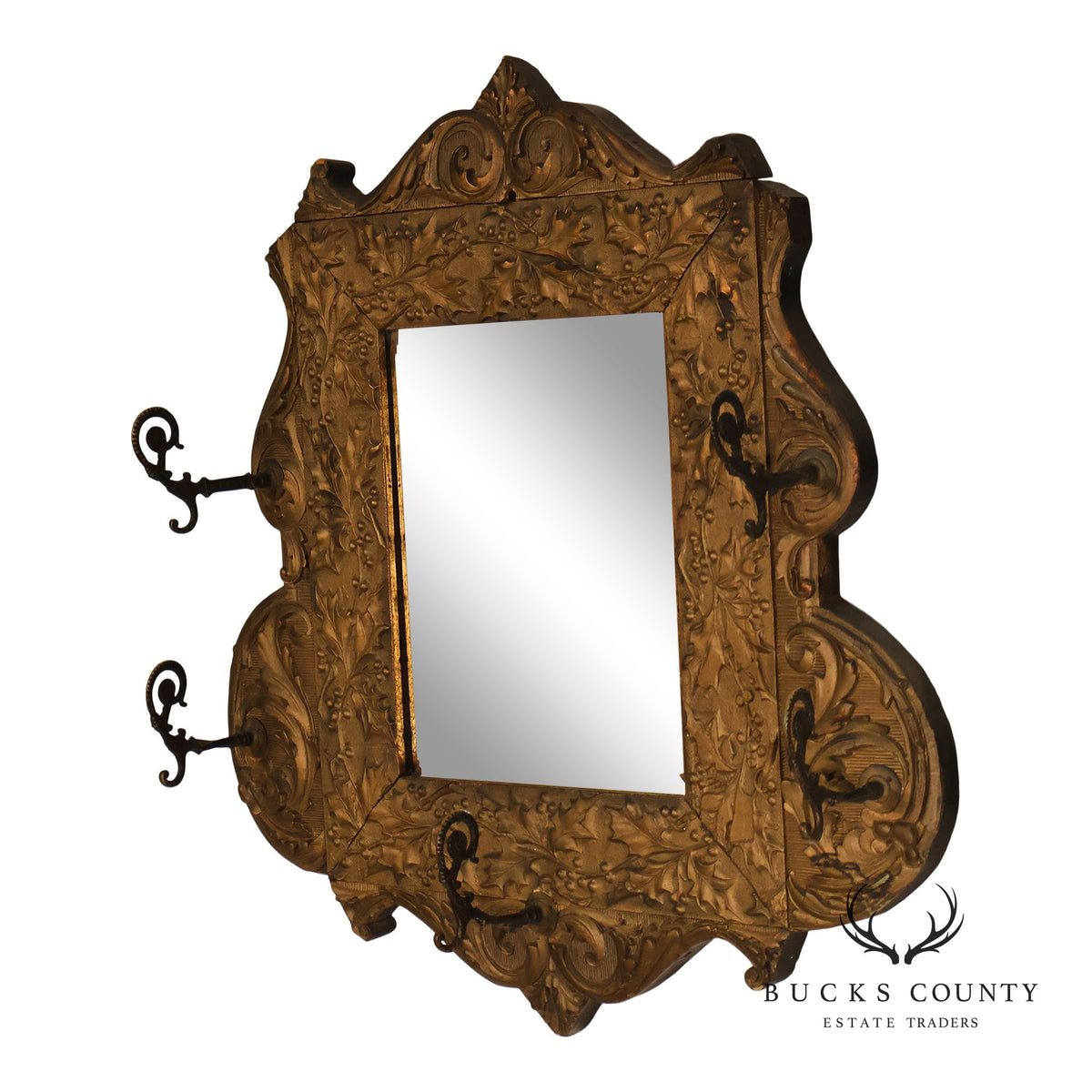 Antique Carved Gilt Wood Wall Mirror With Wrought Iron Hooks