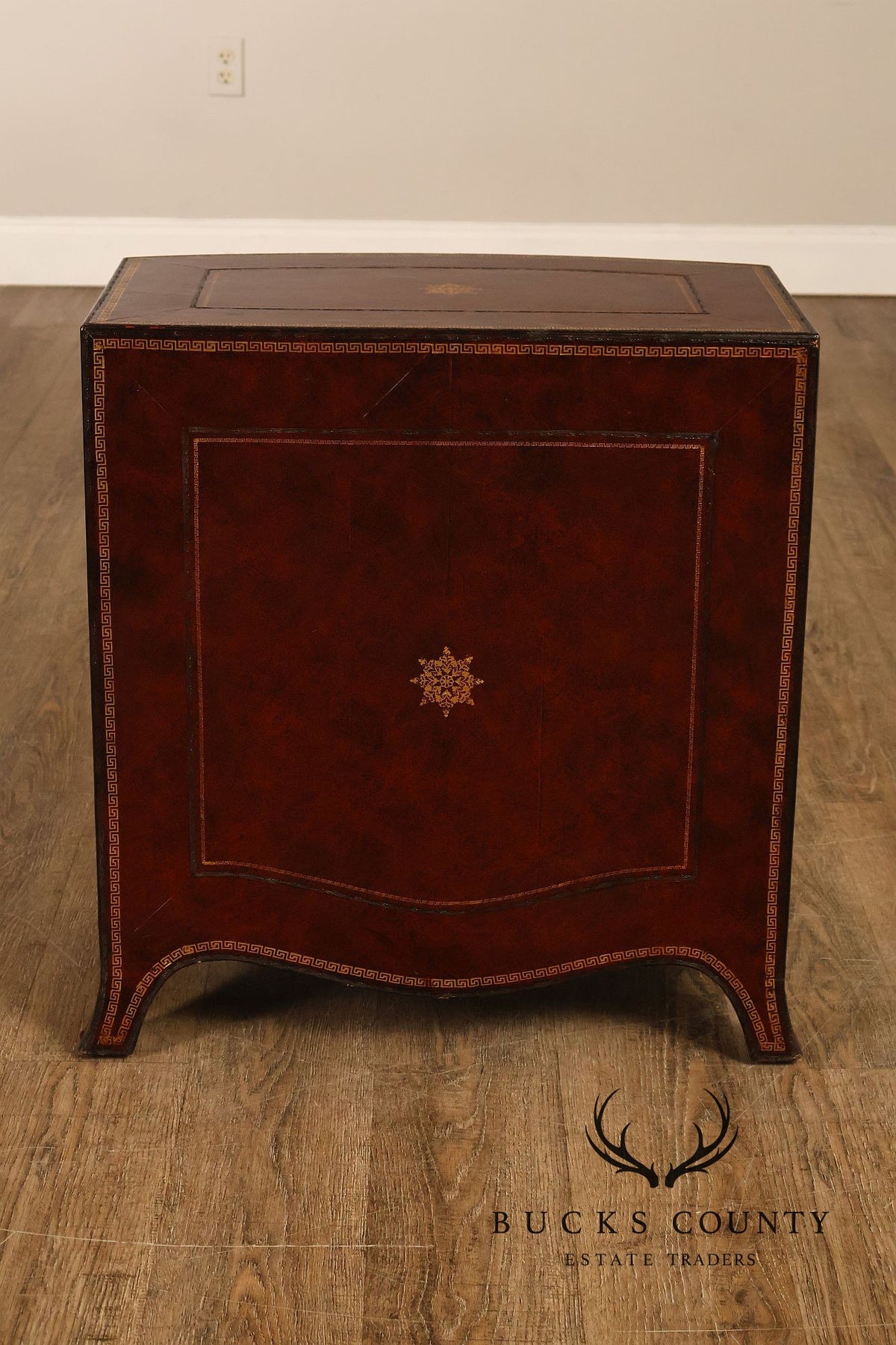 Maitland-Smith Neoclassical Leather Wrapped Bow Front Bedside Chest